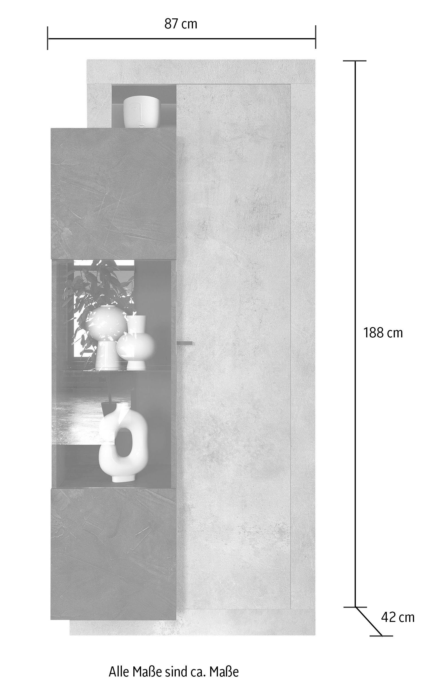 LC Vitrine Freedom Breite Türen, | 87 Beton-Optik/Bleigrau mit 188 Beton-Optik/Bleigrau (Piombo) 2 cm (Piombo) Höhe cm