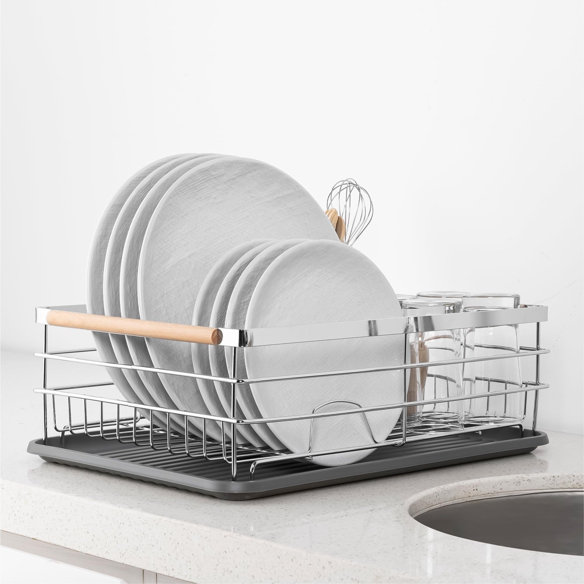 Navaris Geschirrständer Navaris Geschirrabtropfer Metall, Bambusgriffe, Grau, 42,5 cm