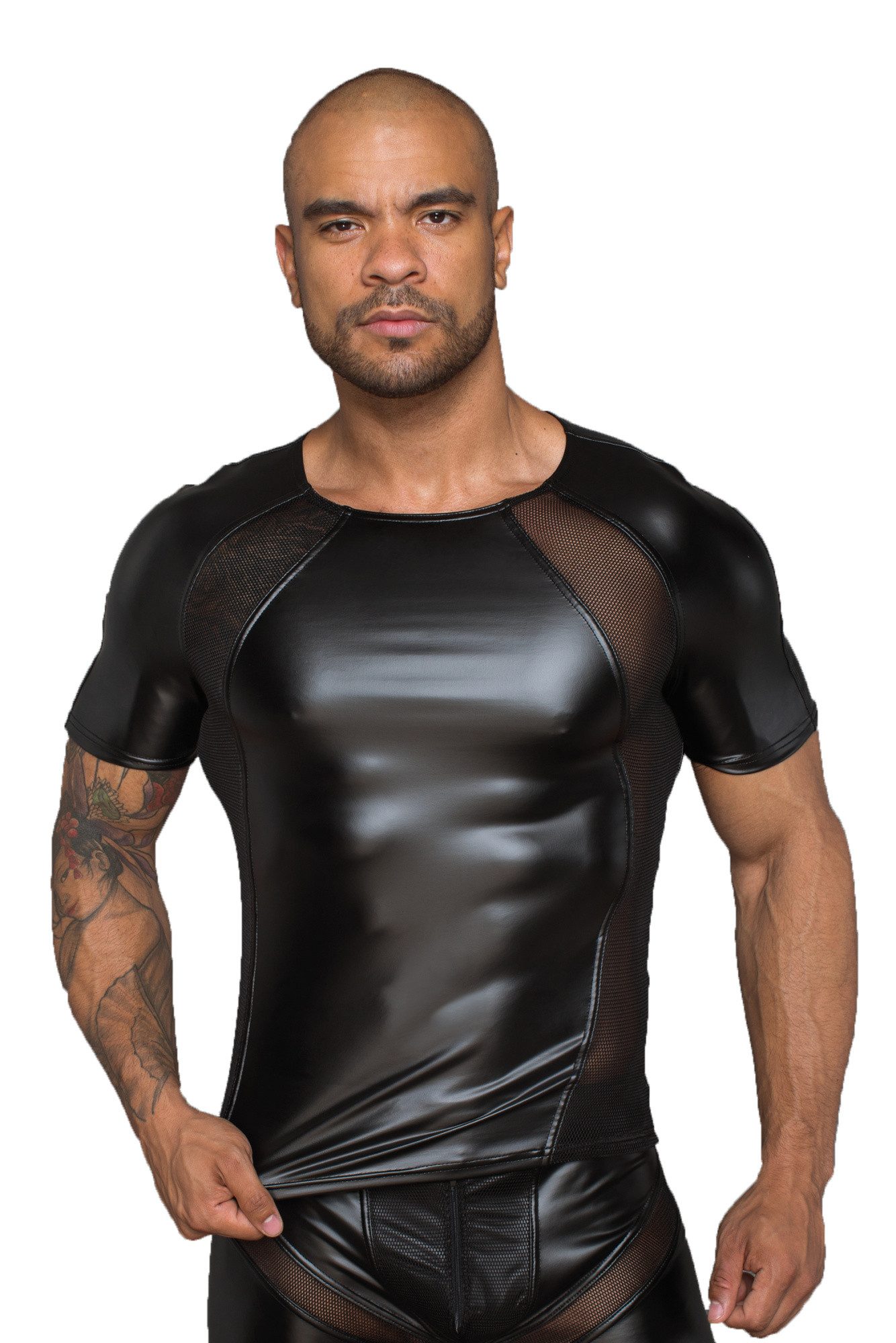 T-Shirt Herren T-Shirt aus wetlook Material mit 3D Netzeinsätzen in schwarz