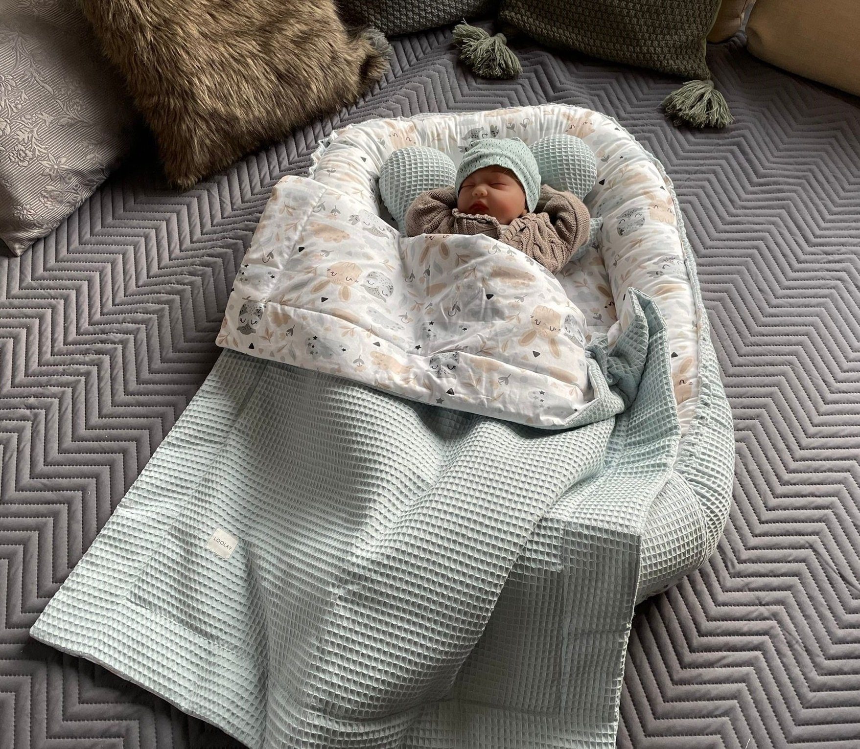 Loolay Bettnestchen Minze WAFFELPIQUE/ HASE Beige Weiß Babynest Babyausstat günstig online kaufen