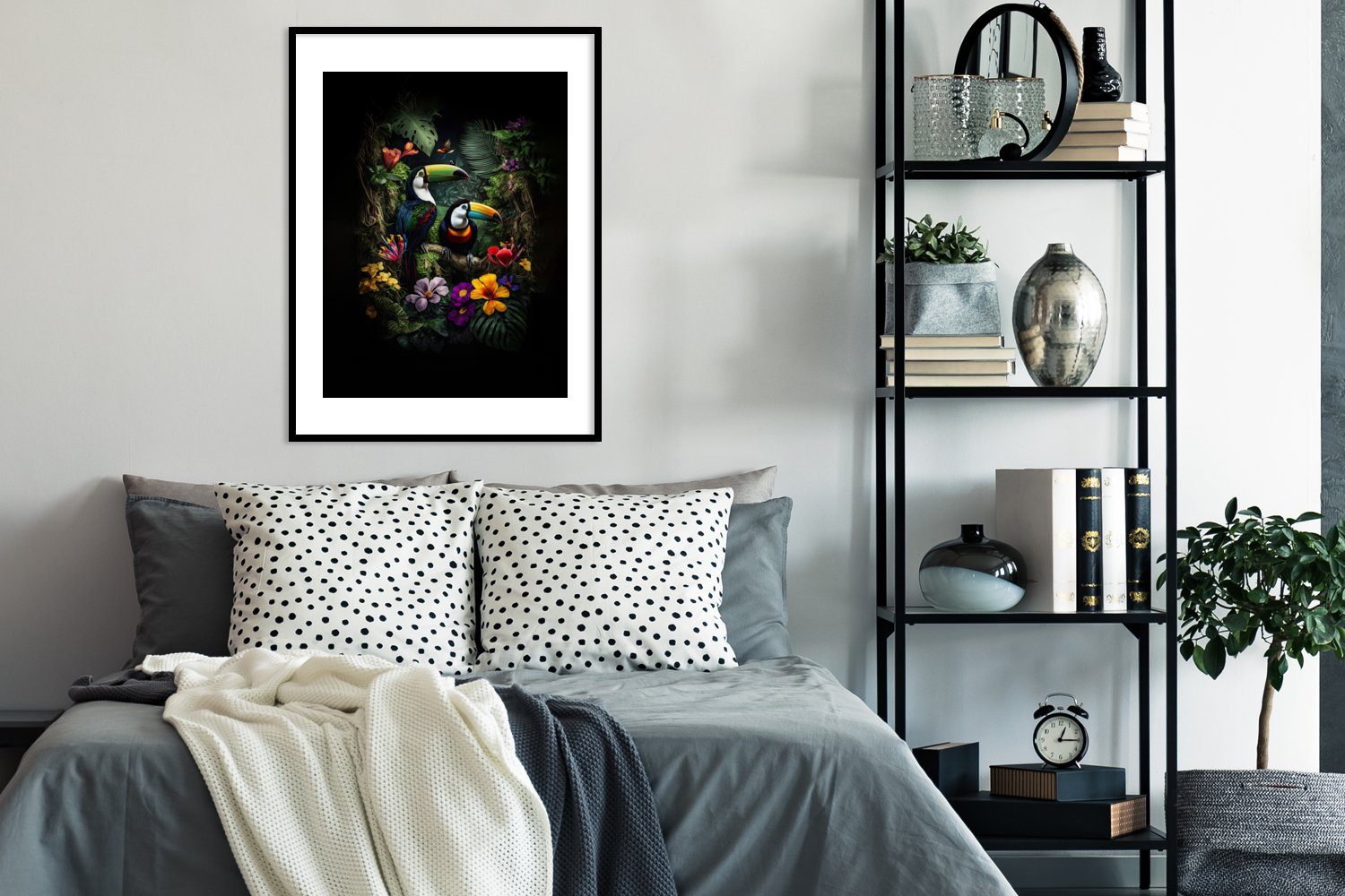 MuchoWow Poster Tukan - Blumen - Tropisch - Dschungel - Vogel, (1 St), Gerahmtes Poster, Wanddeko, Bilder, Wandposter, Schwarzem Bilderrahmen