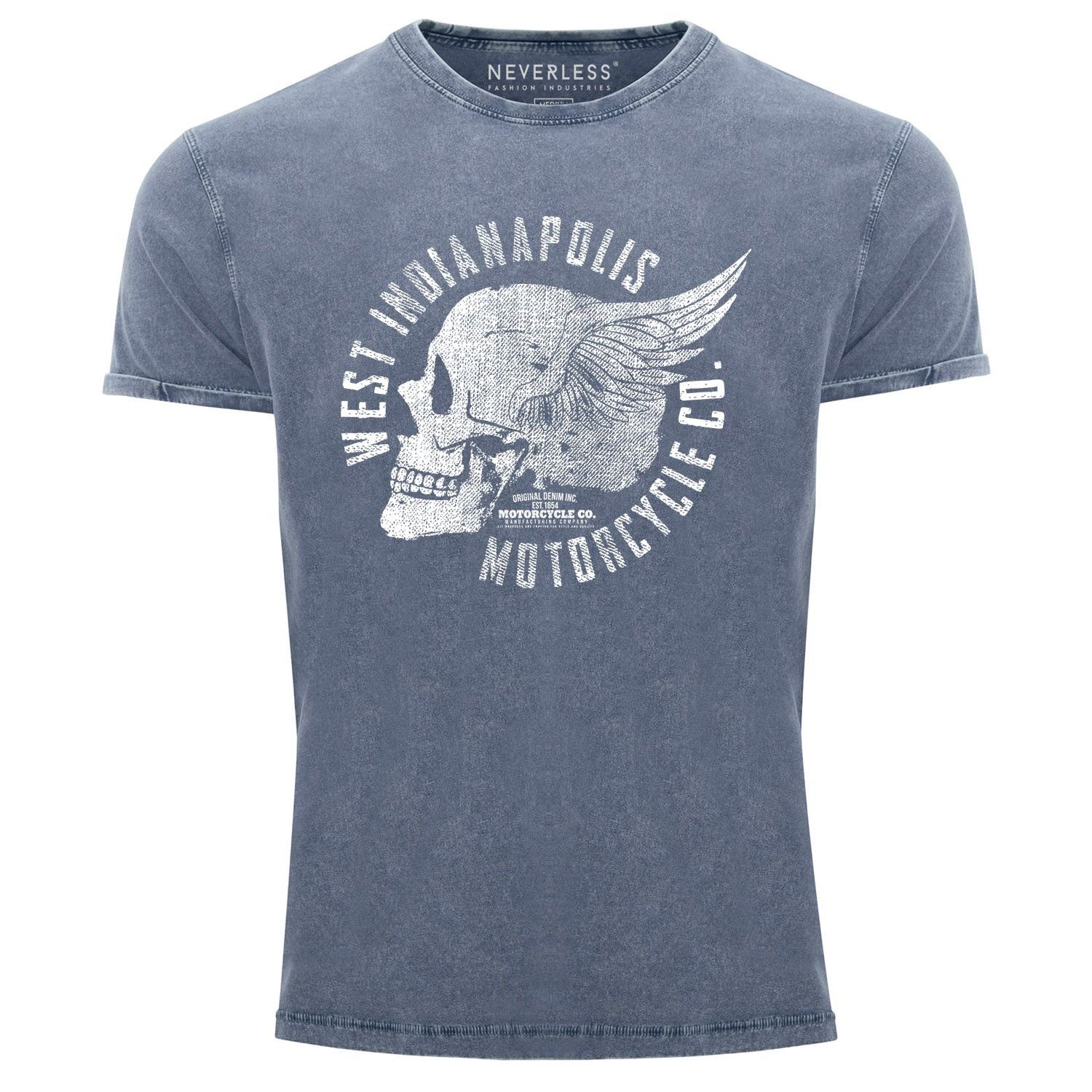 Neverless Print-Shirt Cooles Angesagtes Herren Used Skull T-Shirt Slim Totenkopf Look Fit Print Vintage Neverless® blau mit Wings