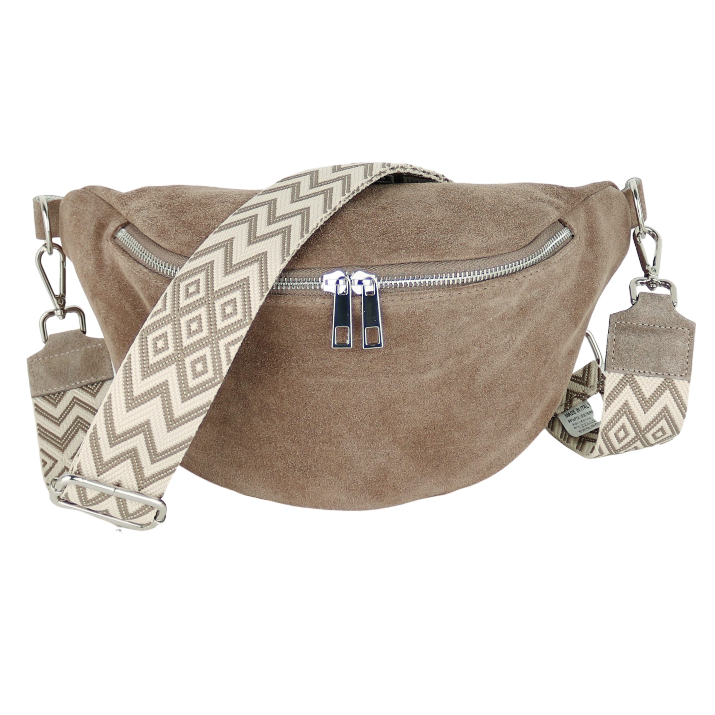 MIRROSI Bauchtasche Damen, Wildleder, Made in Italy, Umhängetasche, Brusttasche (Boho Style Schultertasche für jeden Anlass (1 Tasche & 2 Gurt), 33x18x12cm, Reißverschlussfach auf der Rückseite), Crossbody Bag, Schulterriemen Länge verstellbar