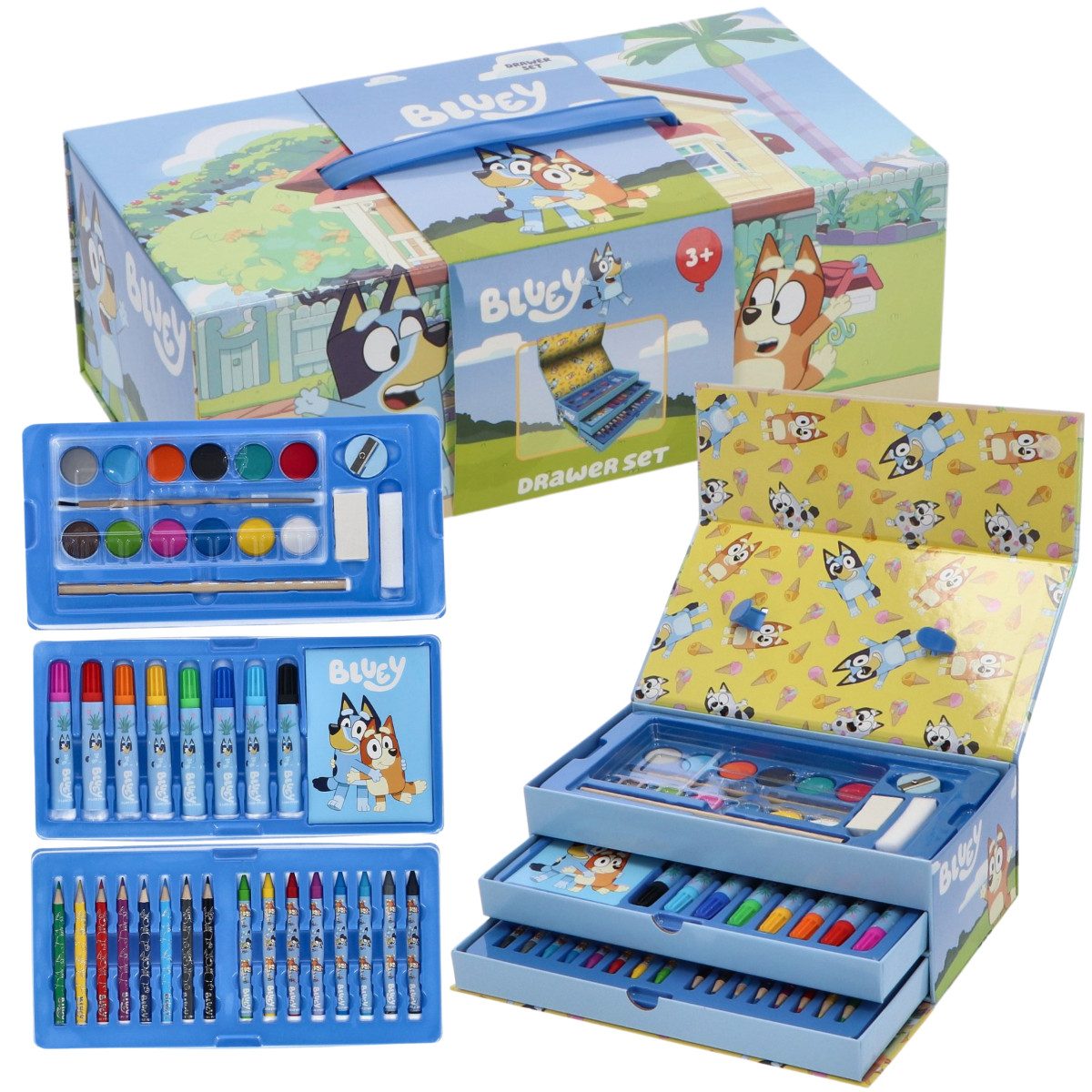 Bluey Farbkasten Malkoffer für Kinder – Kreativset mit Stiften und Wasserfarbkasten