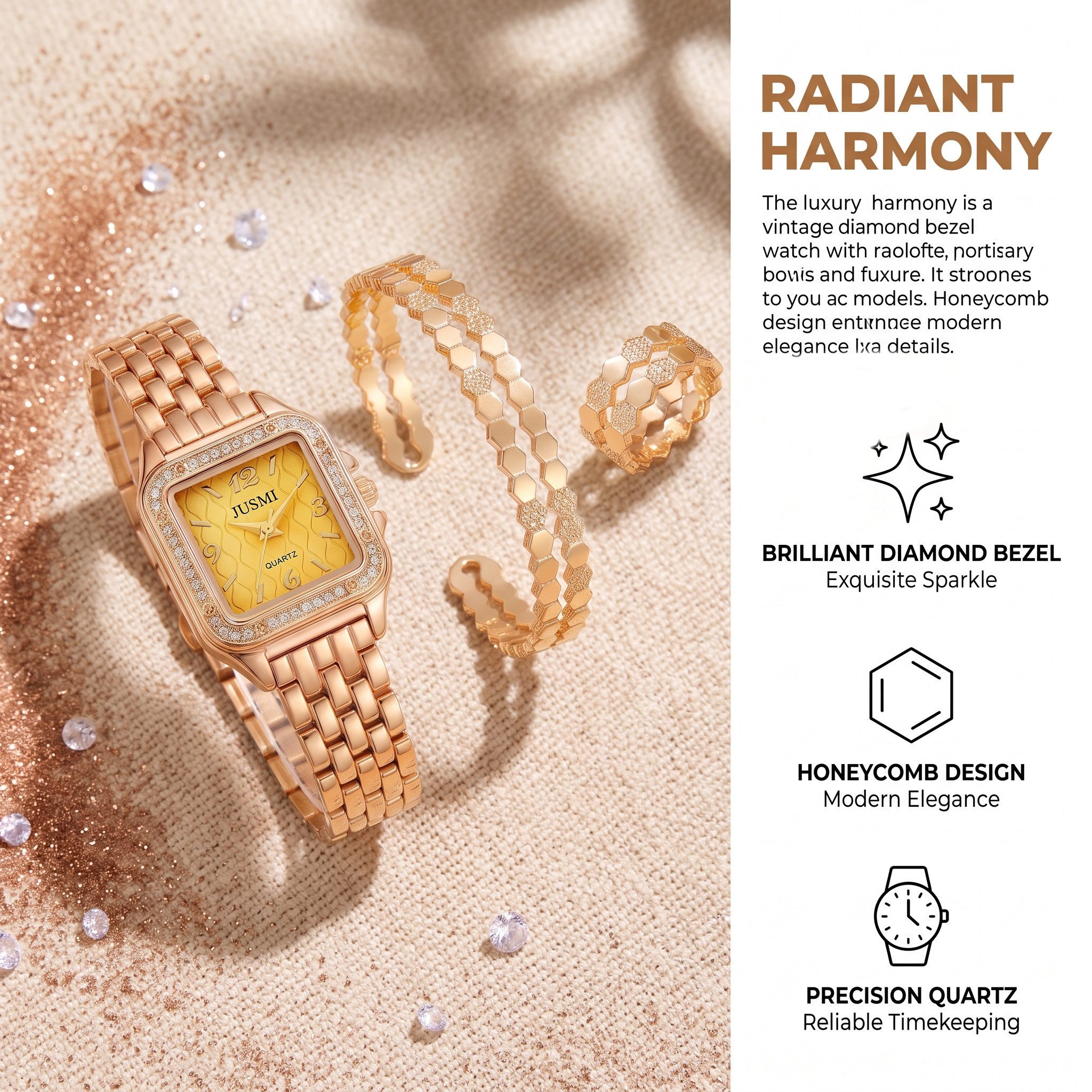 Luckice Quarzuhr Damen Schmuckset –Quarzuhr,Armband,Halskette,Ring,Geschenkbox, (Elegant Analog Quarz Uhr mit Digital Zifferblatt und Elastisch Legierung Armban – Bild 3 von 5