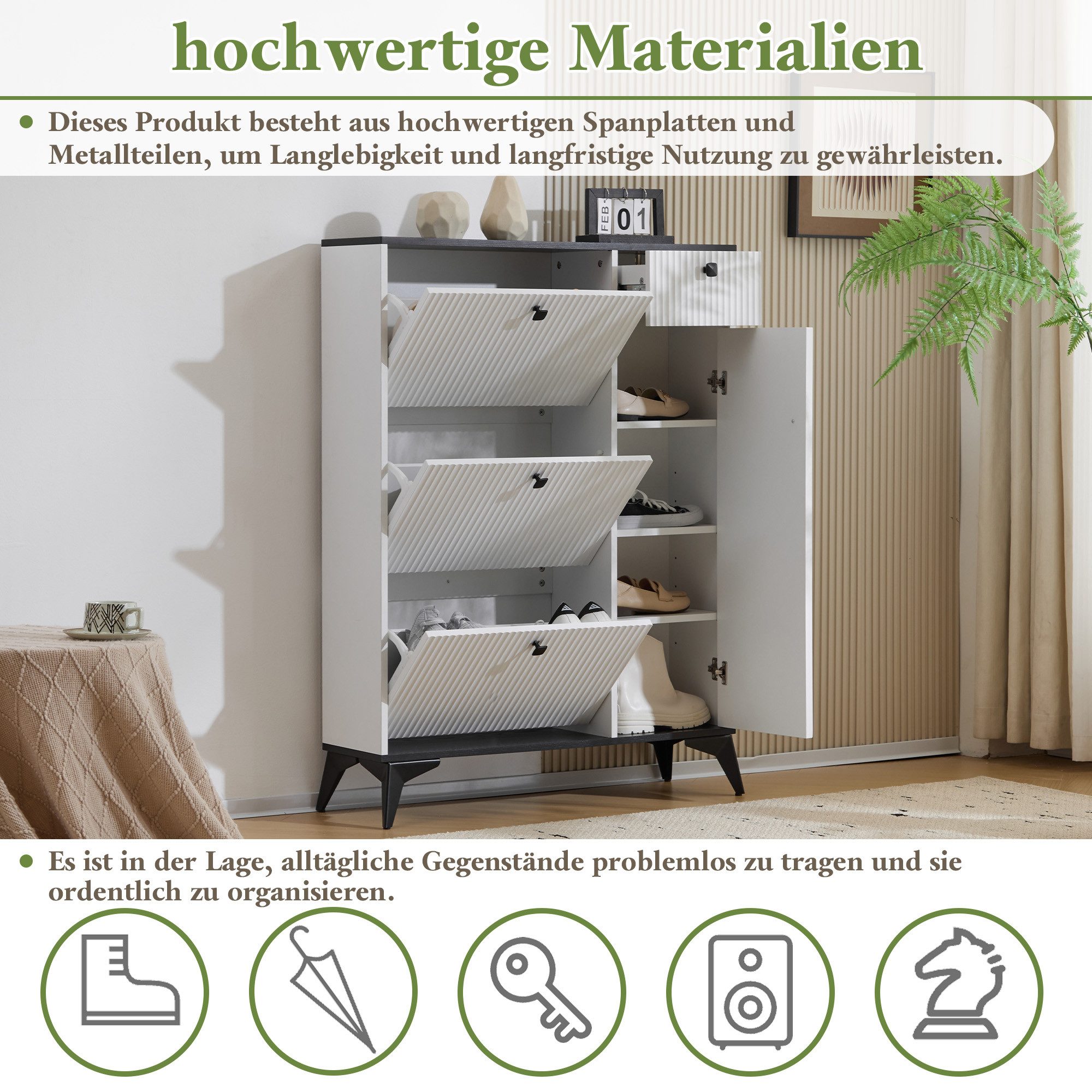Furnishings Home Schuhschrank Schuhschrank mit 3 Klappen, 1 Schublade und 1 Tür, Schuhregal (1-St) Weiß /Schwarz Maße: H 121 cm / B 90 cm / T 25 cm