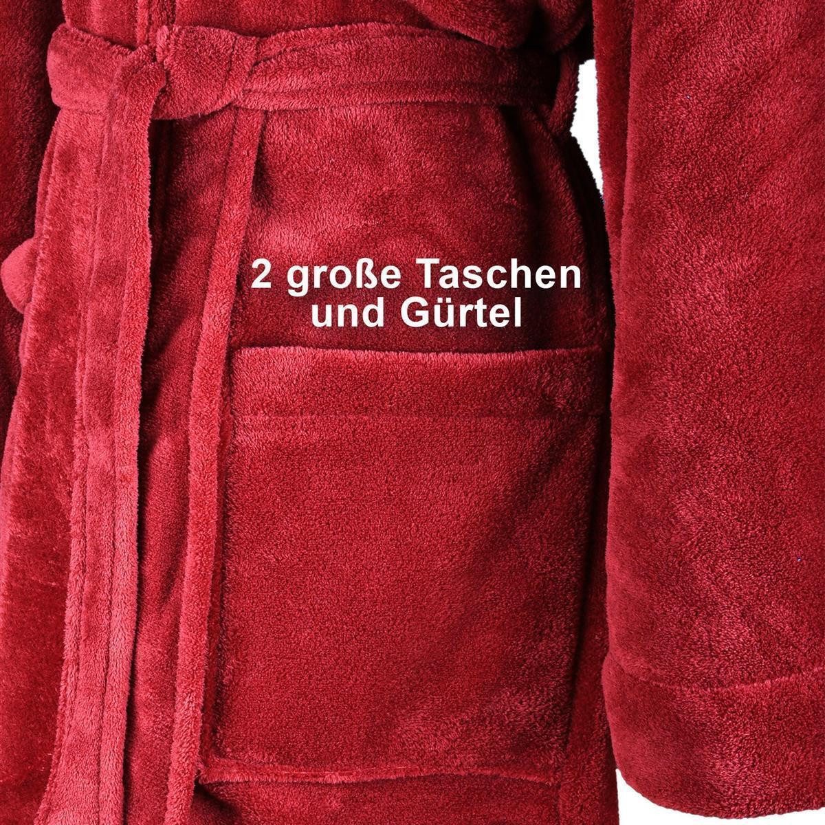 Gräfenstayn Unisex-Bademantel Bademantel Kapuze Flanell Fleece, S Bordeaux, warm & kuschelig, Waden bis Knöchellang, Fronttaschen, Gürtel, S-XXXL