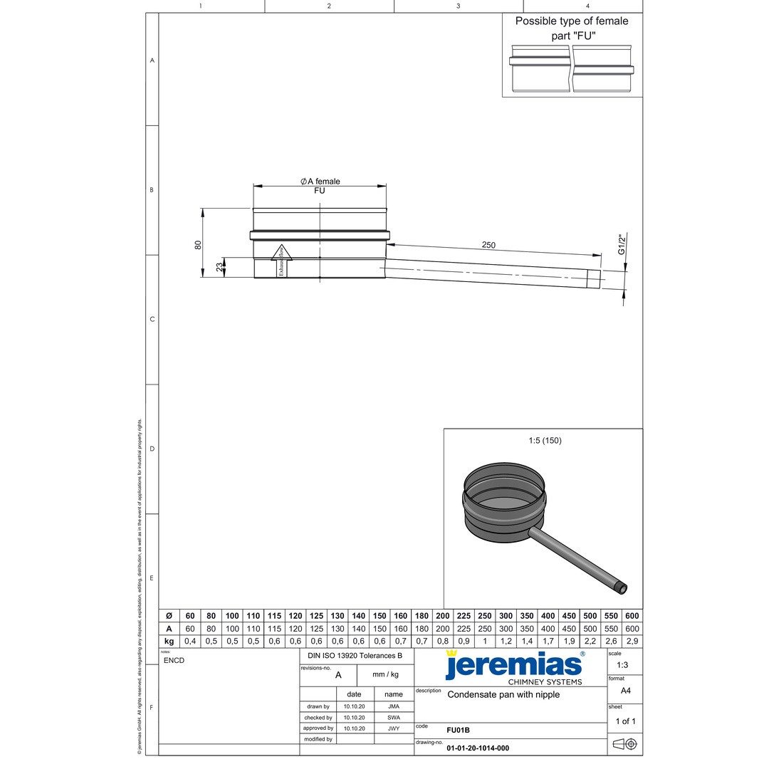 Jeremias Schornstein EW-FU Kondensatschale mit Ablauf 250 mm, 1/2" Nippel, Ø 300 mm, Ø 300 mm