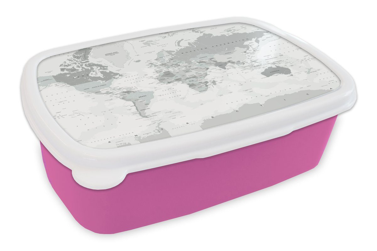 MuchoWow Lunchbox Weltkarte - Weiß - Grau - Erde, Kunststoff, (2-tlg), Brotbox für Erwachsene, Brotdose Kinder, Snackbox, Mädchen, Kunststoff rosa