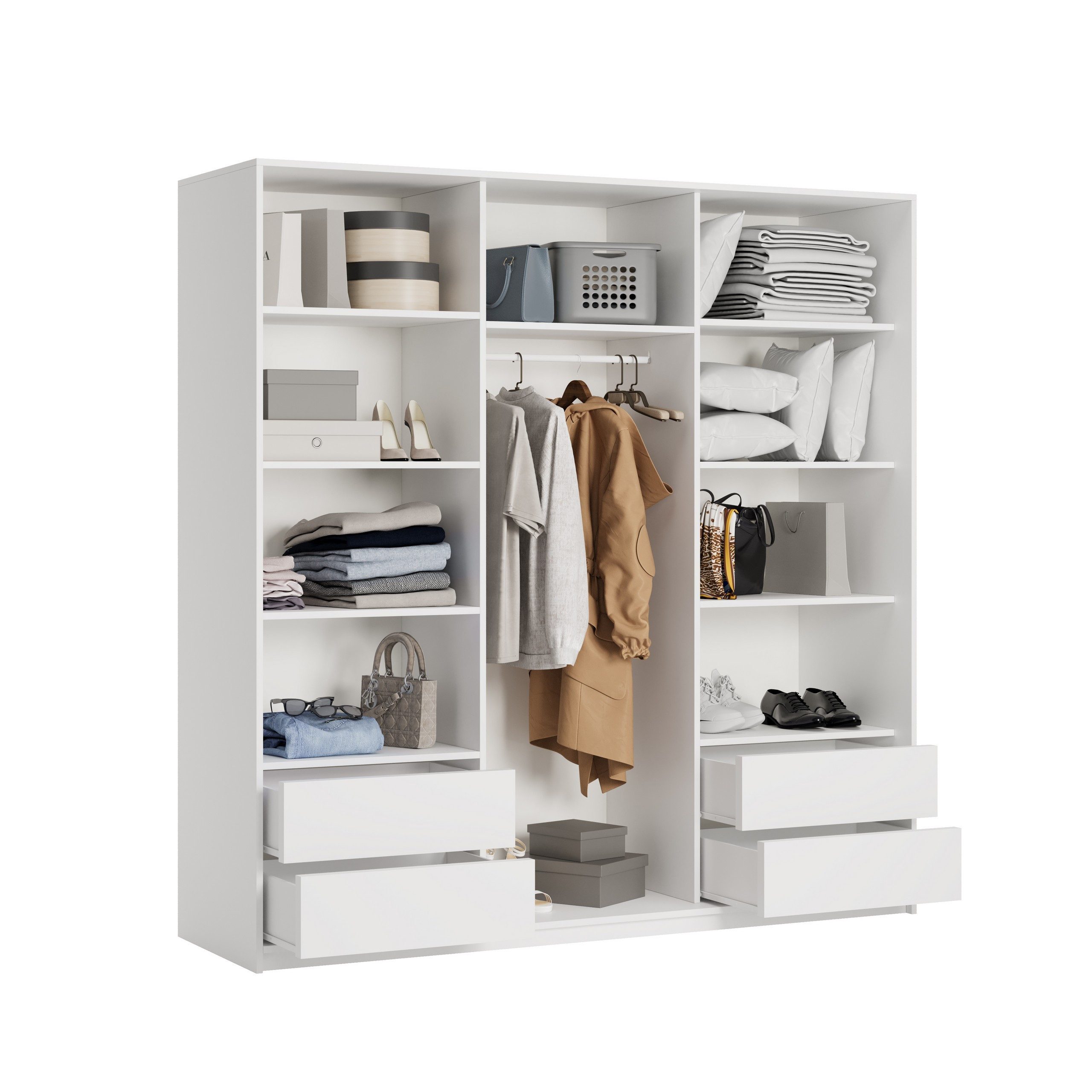 Masseno Schwebetürenschrank VARO 200 cm Kleiderschrank mit Spiegel 3 Türen und 4 Schubladen Weiß