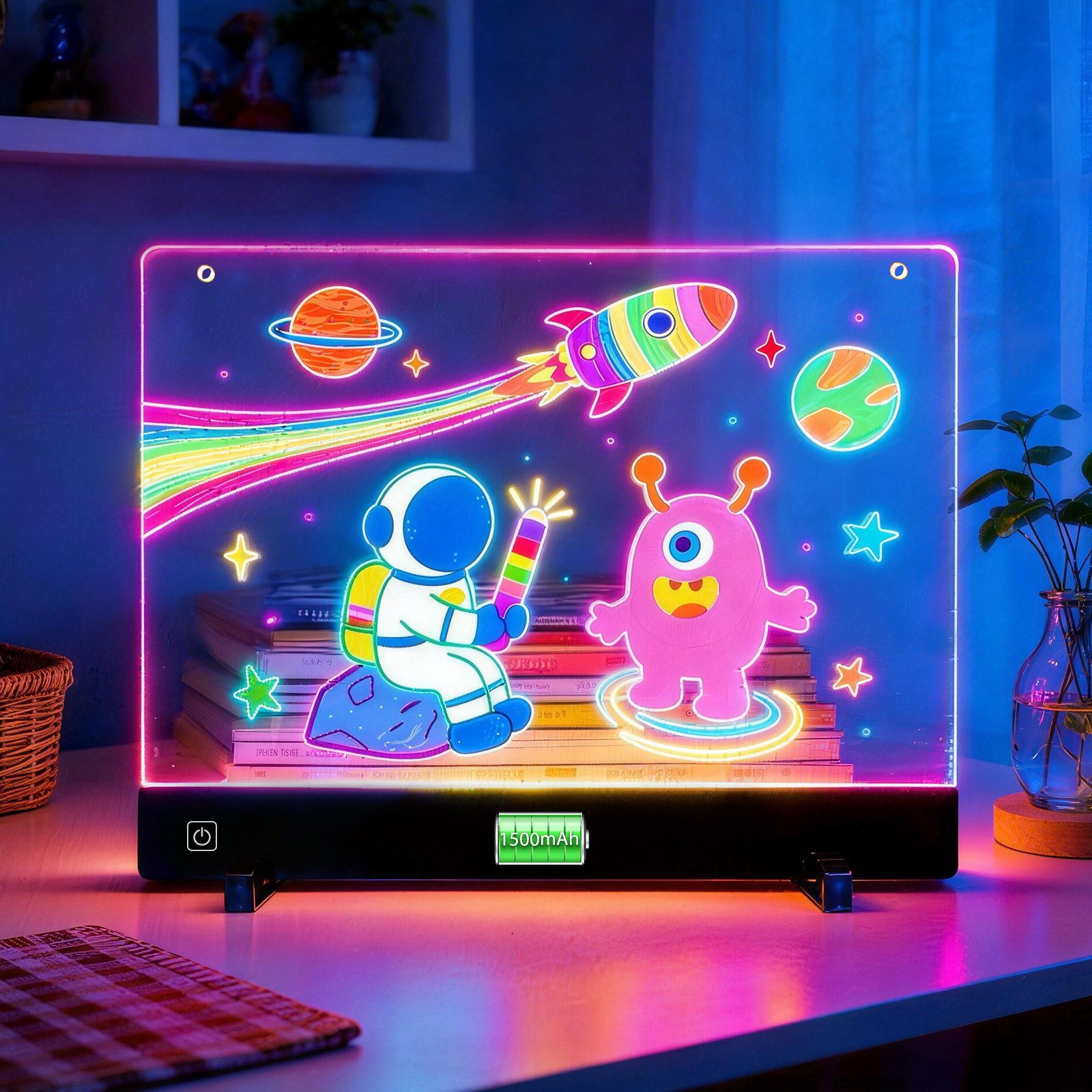 ANYSUN Memoboard LED-Zeichenbrett für Kinder, 1500mAh wiederaufladbares LED Maltafel, (35x26 cm, 1-tlg., 5mm Acryl Doodle mit Farben Stift & Story-Papier, Ständer & Hängekette), Leuchtendes Notiztafel mit 4 Lichtmodi Geschenk für Mädchen/Teenager