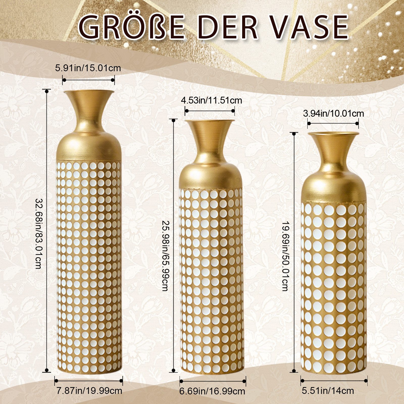 KLAM HOME Bodenvase Große Bodenvase 3er Set aus Metall, (50/65/83 cm), Mid-Century Modern (Dekovase Boden bis zur Decke reichende Vase, hohe dekorative Vase), Vintage Deko, Dekorative Vase für Wohnzimmer, Flur und Schlafzimmer