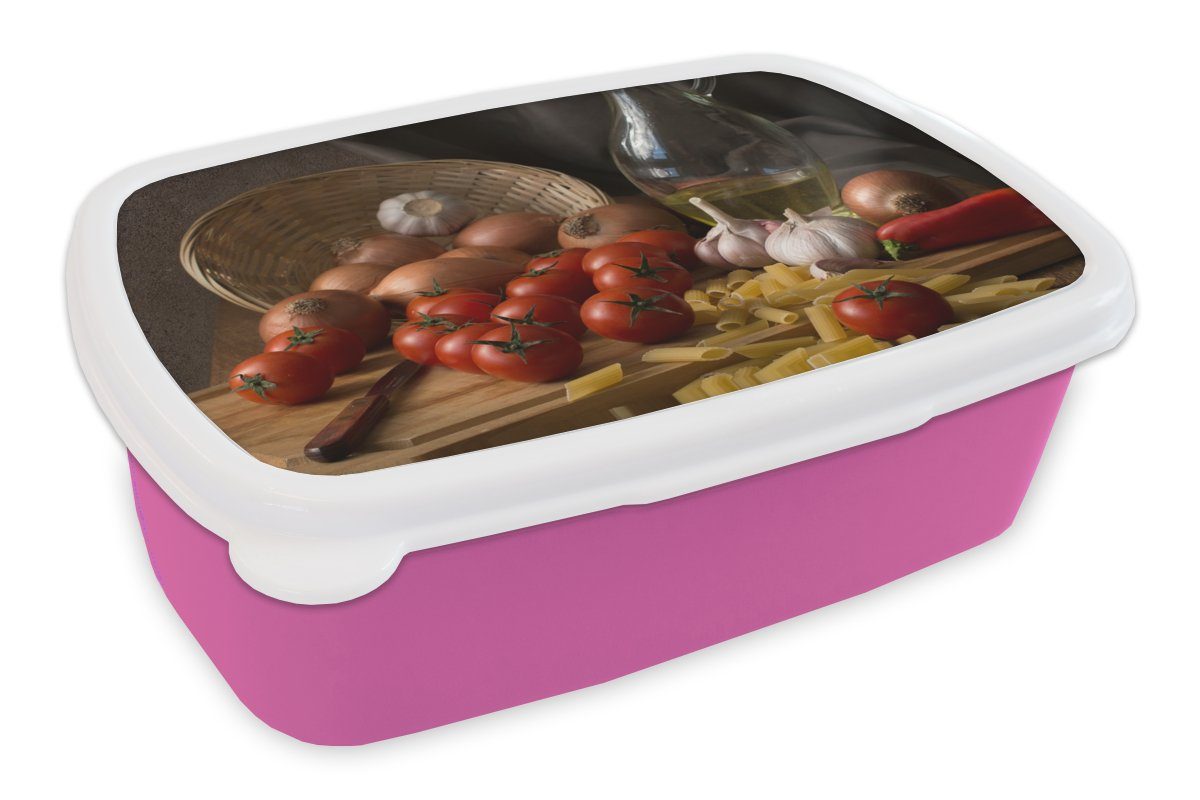 Schneidebrett -, Lunchbox (2-tlg), Brotbox MuchoWow rosa Tomate Mädchen, für - Kunststoff, Pasta Aus Erwachsene, - Brotdose Kinder, Kunststoff - Stillleben - Snackbox, - Gemüse