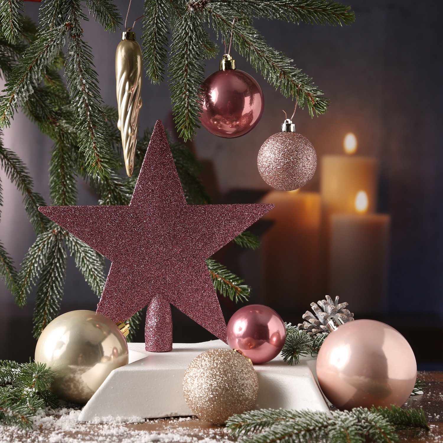 mit Set (33 bruchfest St) rosa MARELIDA Baumspitze Stern Weihnachtskugeln creme 33er Weihnachtsbaumkugel