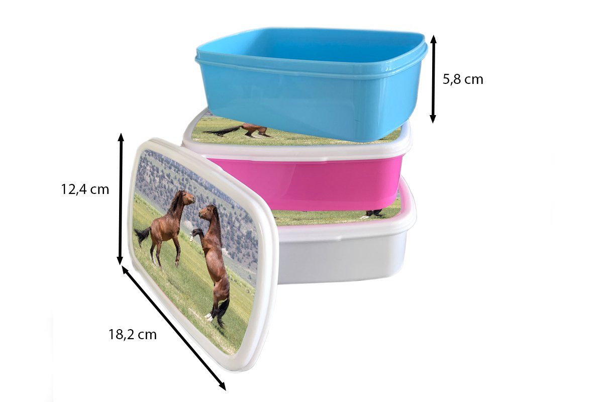MuchoWow Lunchbox Zwei kämpfende Mustang-Pferde, Brotdose (2-tlg), Kunststoff, Mädchen, für Kunststoff Snackbox, Erwachsene, Brotbox Kinder, rosa