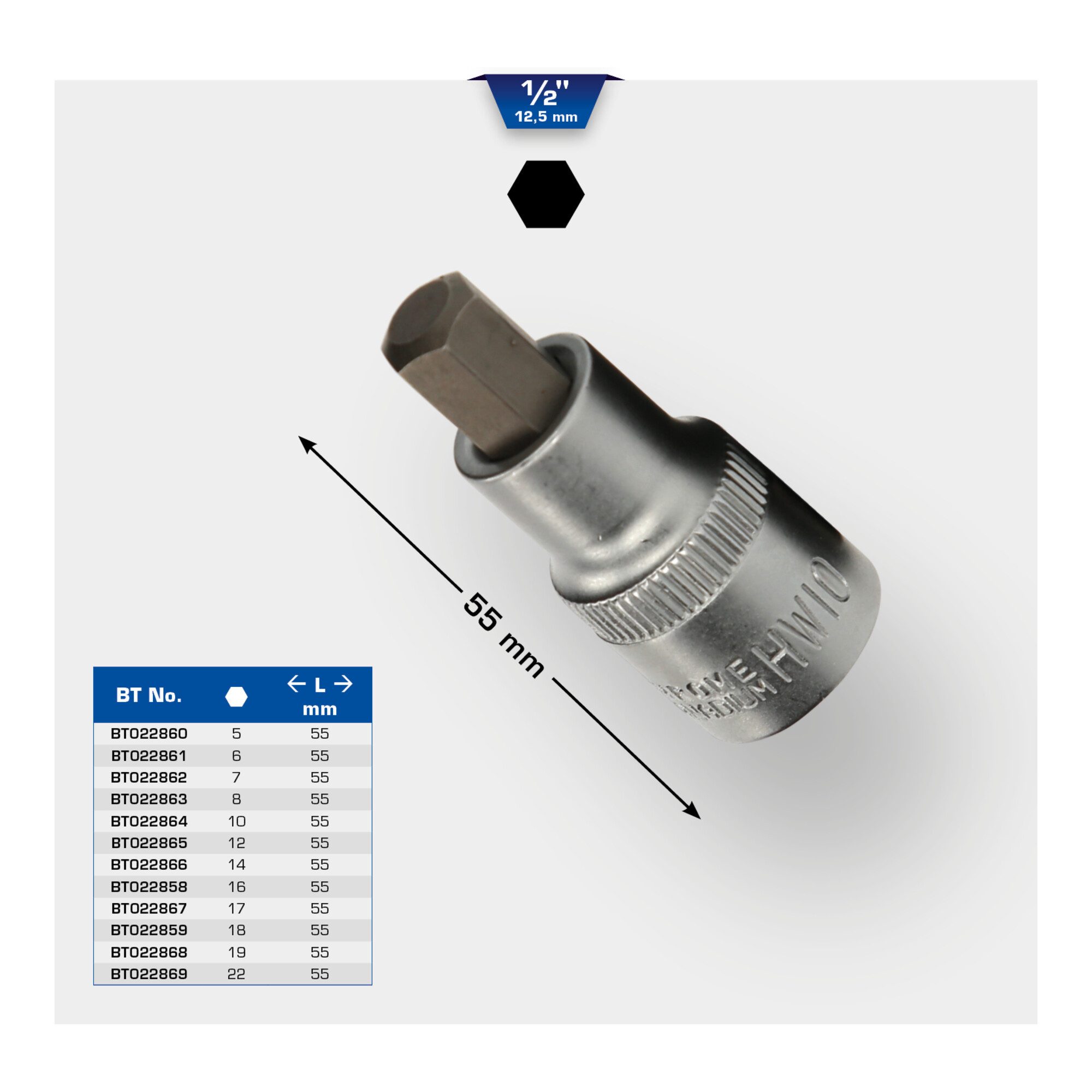 Brilliant Tools Steckschlüssel Brilliant Tools 1/2 Zoll Innensechskant Bit-Stecknuss, 55 mm lang, 8 m