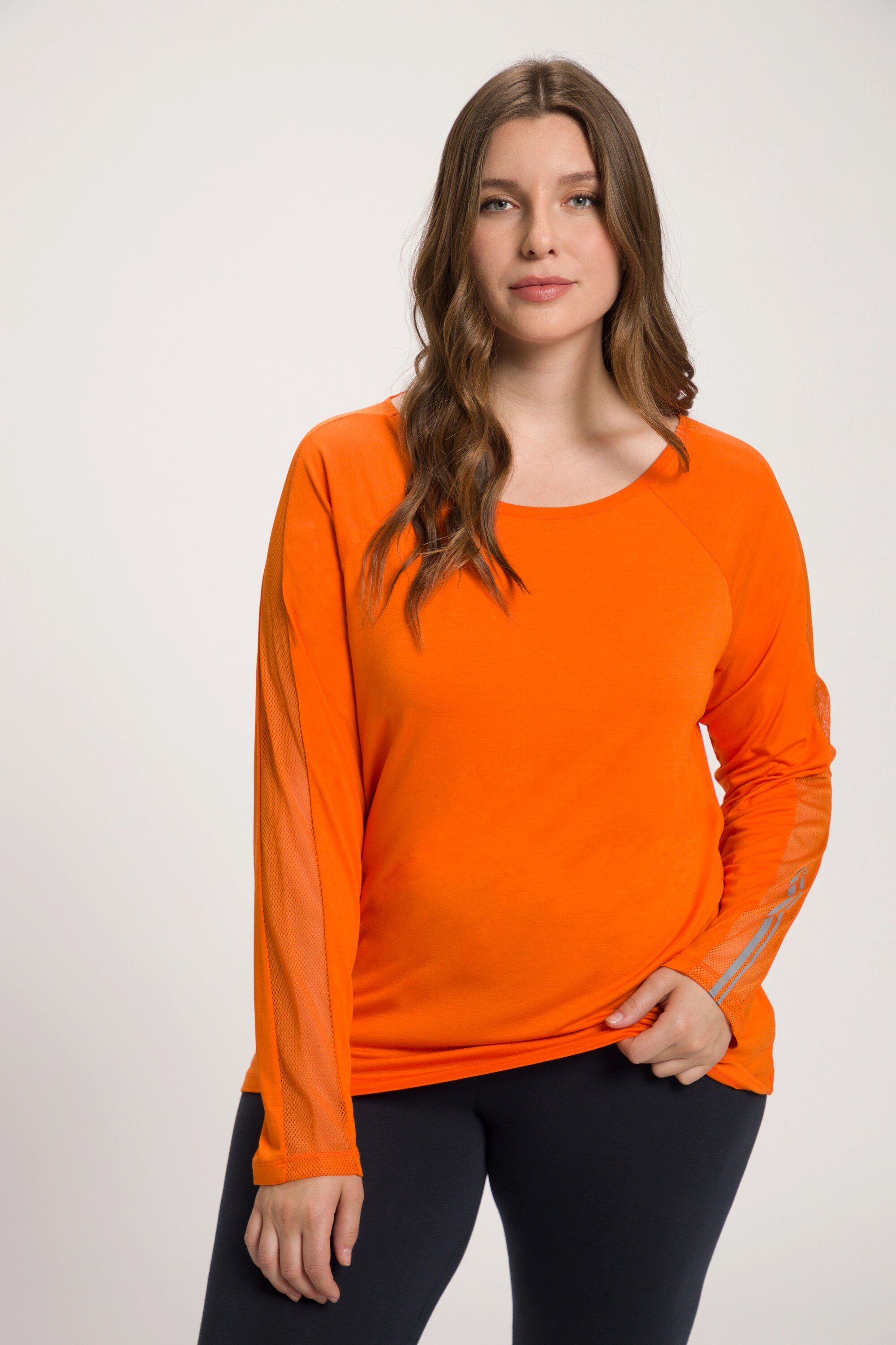 Ulla Popken Rundhalsshirt Shirt Reflektor-Druck Langarm orange U-Boot-Ausschnitt