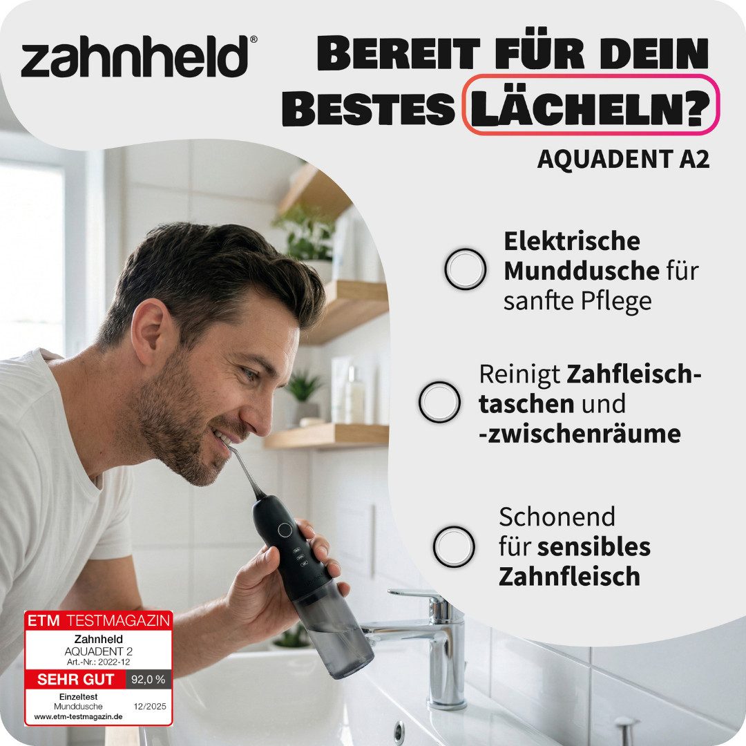 Zahnheld Munddusche Elektrische Zahndusche Aquadent für Zahnzwischenräume, Zahnpflege, Water Flosser, mit abnehmbaren Wassertank 170ml und Düse