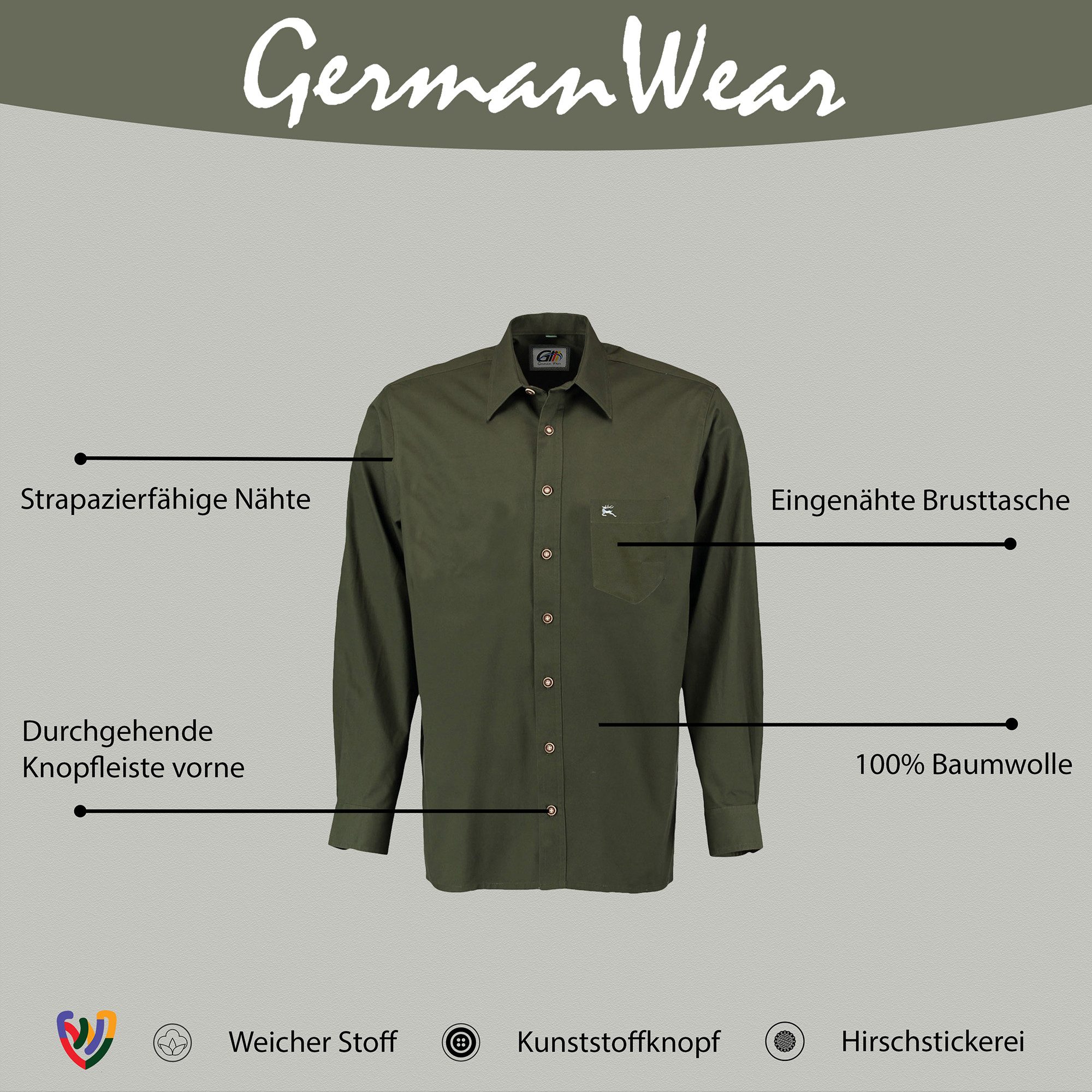 German Wear Trachtenhemd OJ7 - Hirsch Jagdhemd hemd jäger Hemd Langarm Hemd – Bild 3 von 4