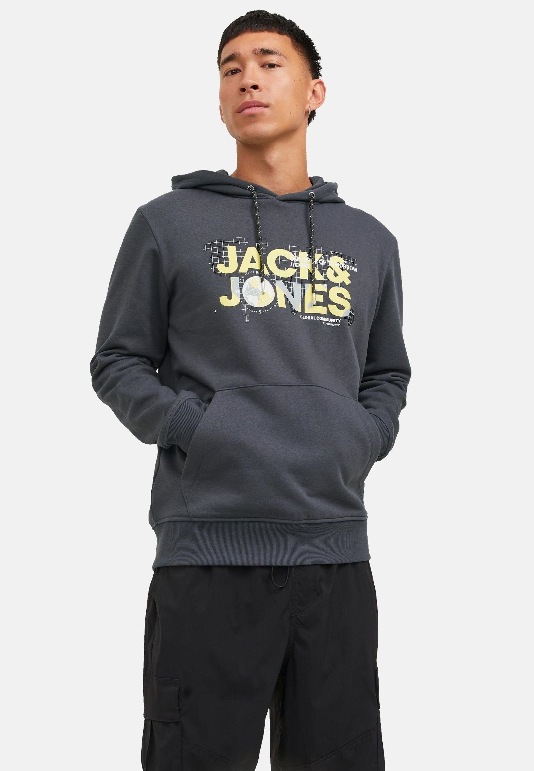 Jack & Hoodie (1-tlg) Jones Kapuzensweatshirt Hoodie dunkelgrau mit Kängurutasche Dust