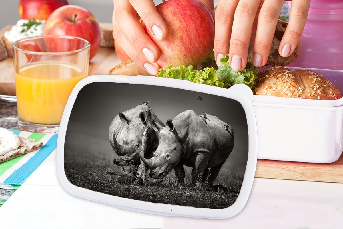 MuchoWow Lunchbox Nashorn - Kunststoff, Tiere Schwarz weiß, Kinder Brotbox für und - Landschaft Mädchen Jungs und Vogel und für - (2-tlg), Brotdose, Erwachsene, 