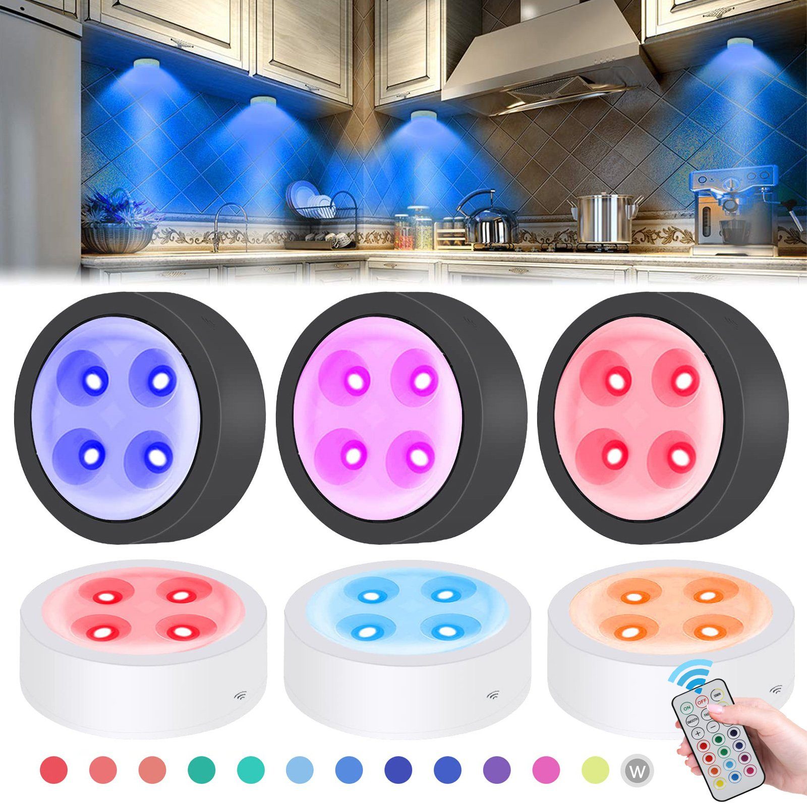 Batterielampe, Dimmbar RGB LED Glasboden Farben, Nachtlicht Touch Unterbauleuchte Sunicol Küche Vitrinenbeleuchtung Schrank Spot, Sensor 13 mit Weiß Fernsteuerung,