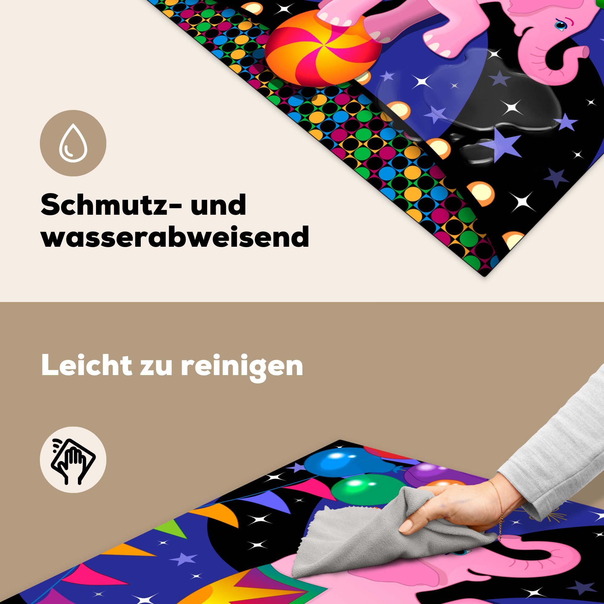 für Vektor-Illustration Ceranfeldabdeckung, MuchoWow 78x78 küche Herdblende-/Abdeckplatte Baby-Elefanten (1 im von Arbeitsplatte cm, Zirkus, Eine Vinyl, tlg), einem