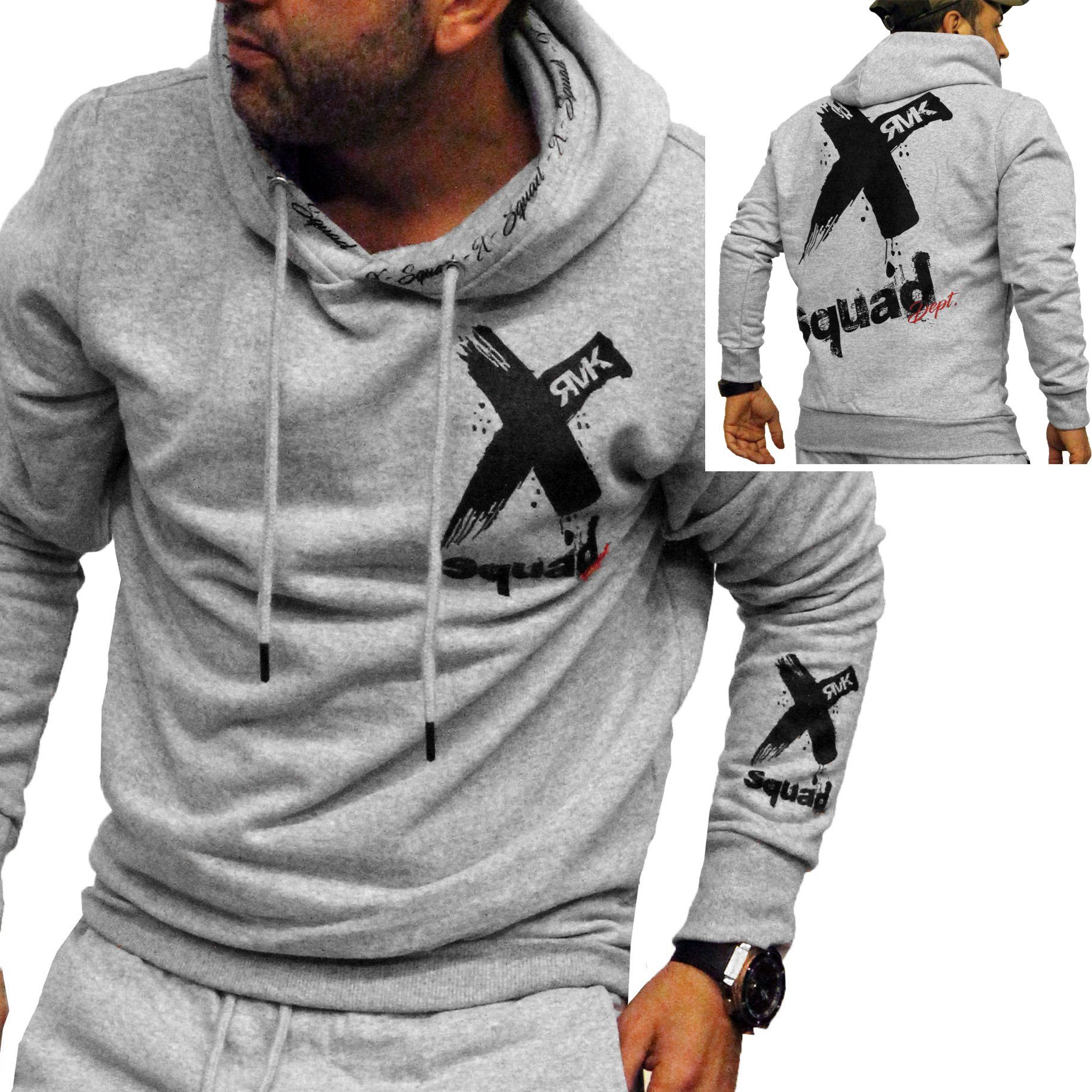 RMK Hoodie Herren mit Langarm Kapuze Pullover Pulli Kapuzenpullover Grau