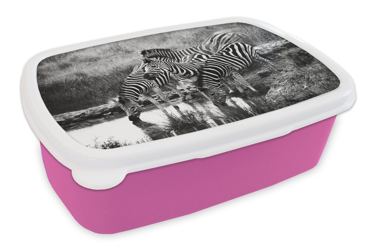 MuchoWow Lunchbox Trinkende Zebras, Kunststoff, (2-tlg), Brotbox für Erwachsene, Brotdose Kinder, Snackbox, Mädchen, Kunststoff rosa | Lunchboxen