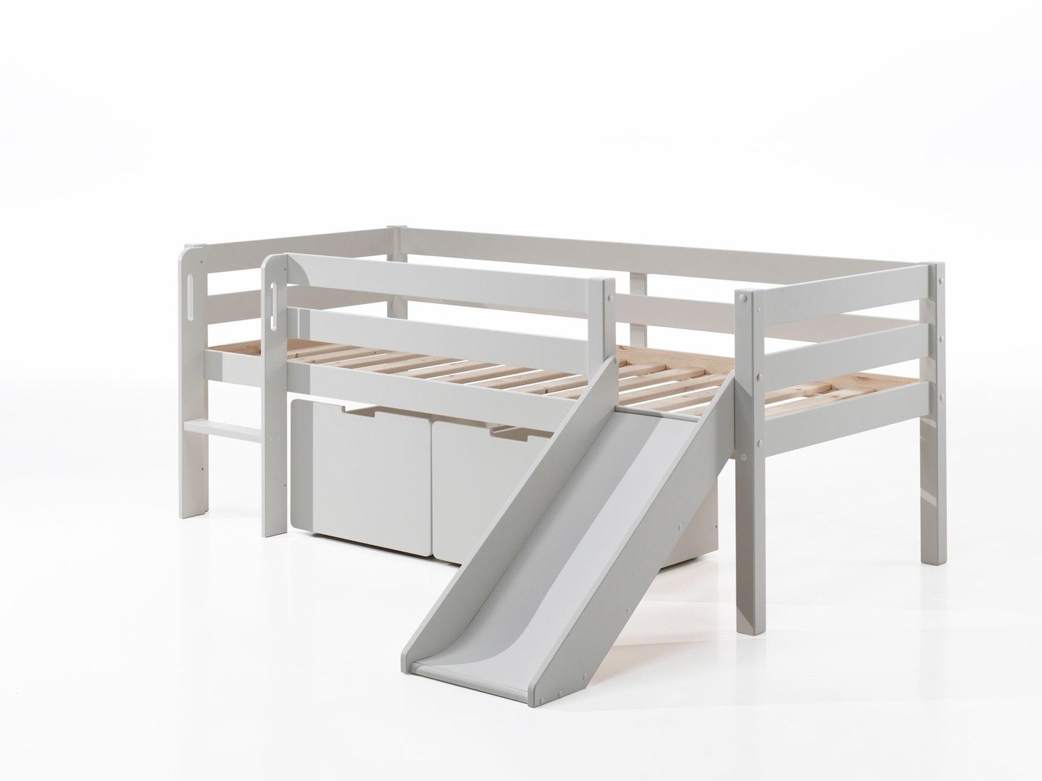 Natur24 Einzelbett Kojen-Spielbett 90x200 cm Schubkästen Rutsche Kiefer MDF Weiß