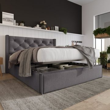 WISHDOR Polsterbett Doppelbett Bett mit Matratze Hydraulisch (mit Stauraum 140x200cm, mit Lattenrost und Metallrahmen), Massivholz+Baumwolle+Metal