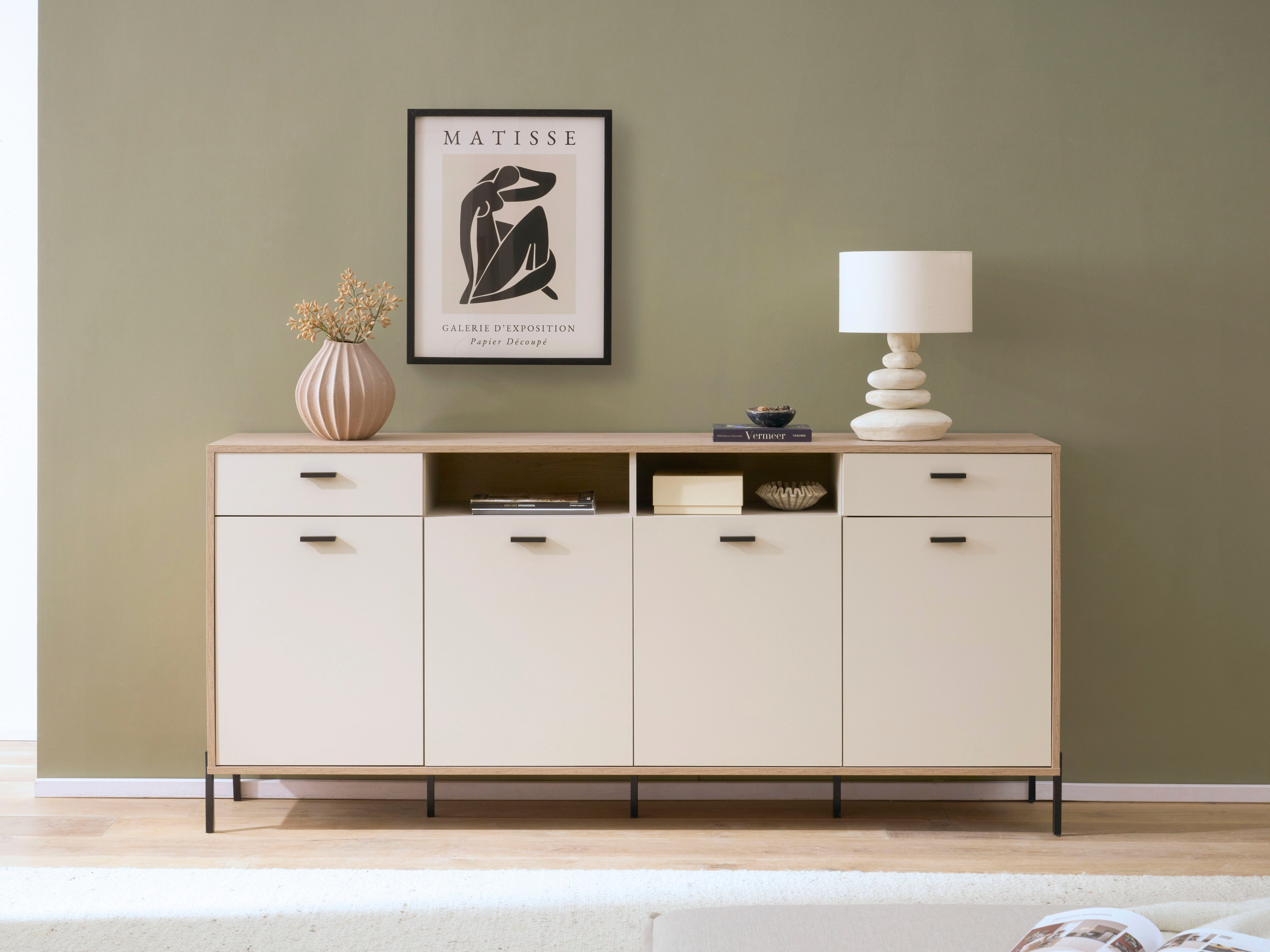Home affaire Sideboard Fredericia, moderne Kommode, Schrank in Kaschmir, 205 cm breit, zeitlos, schwarze Metallgriffe und -füße, ausreichend Stauraum