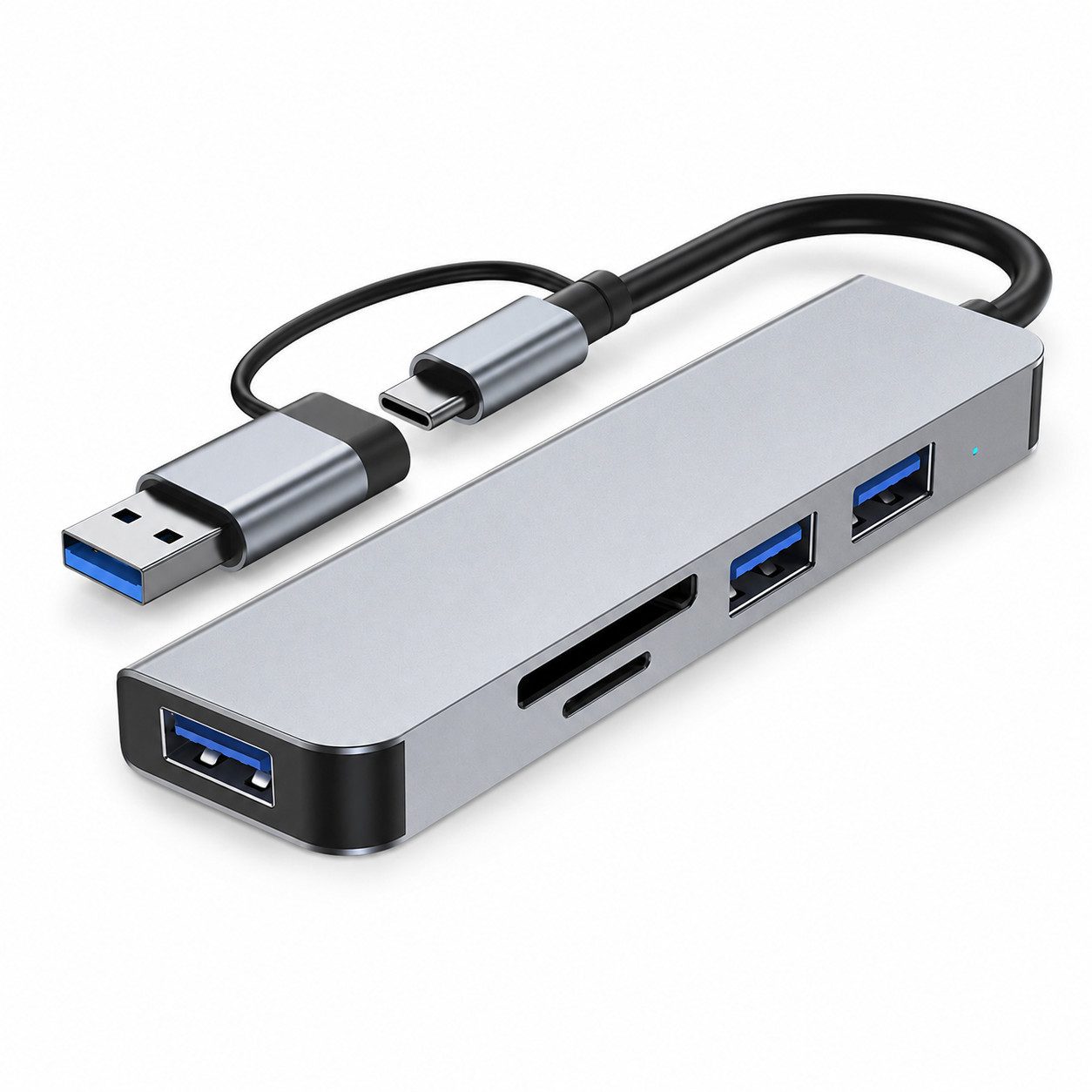 Tekoo Laptop-Dockingstation USB C Hub 5-in-1 Adapter mit USB 3.0 & SD/TF Kartenleser für Laptop, (Packung, Einzelartikel), 2-in-1 Kombi-Stecker (USB-C & USB-A), Robustes Aluminiumgehäuse