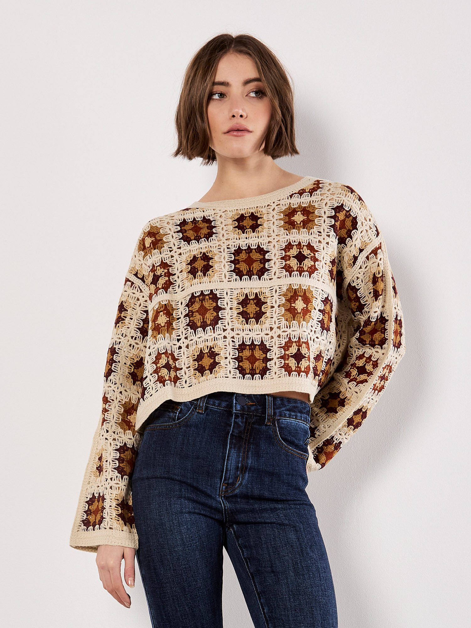 Apricot Strickpullover Häkelpullover (1-tlg) mit quadratischem Muster