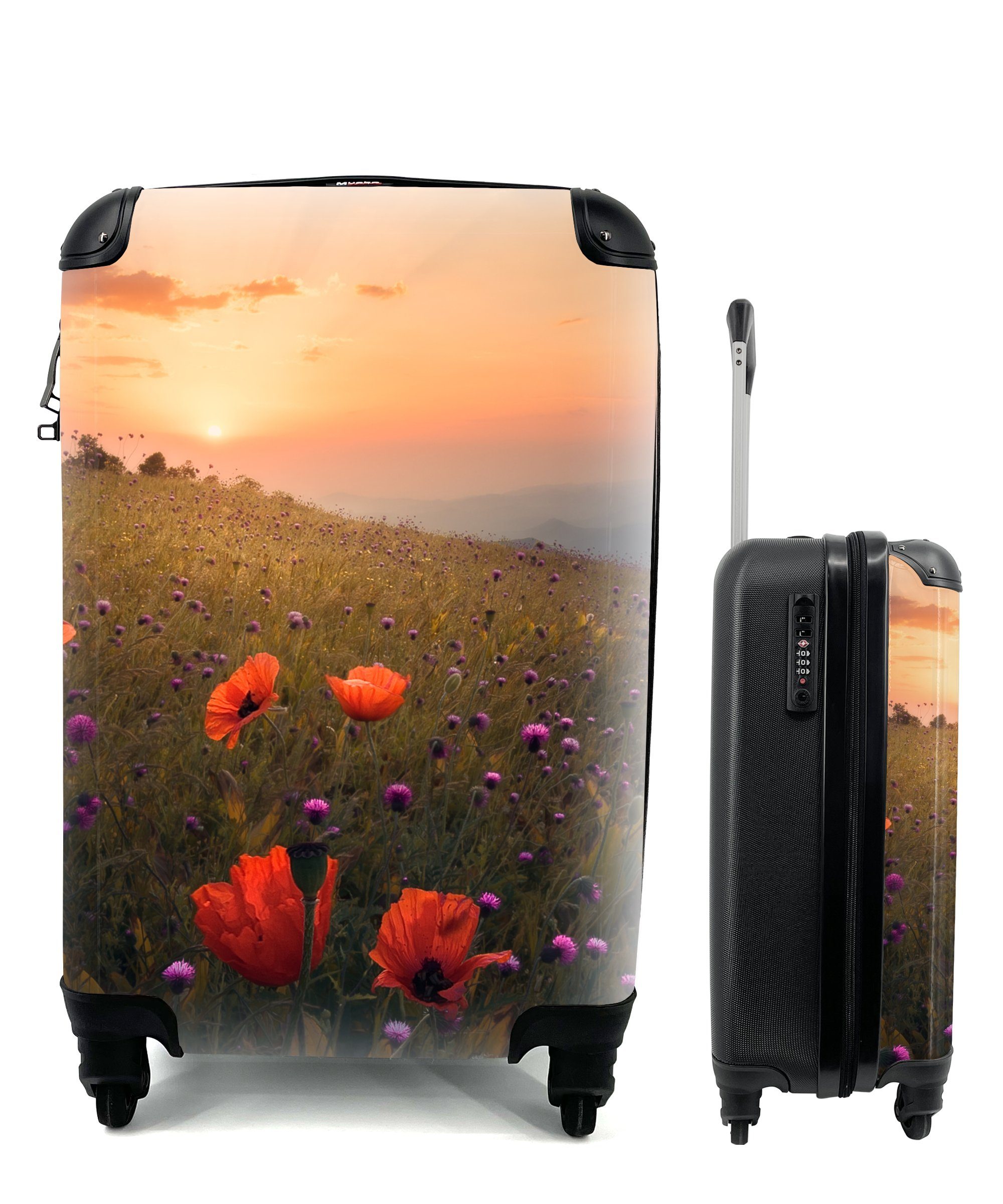 Handgepäckkoffer - mit - Reisetasche Blumenfeld Sonnenuntergang - rollen, Pflanzen - Rollen, Gras Trolley, Reisekoffer 4 MuchoWow Handgepäck Orange, für Ferien,