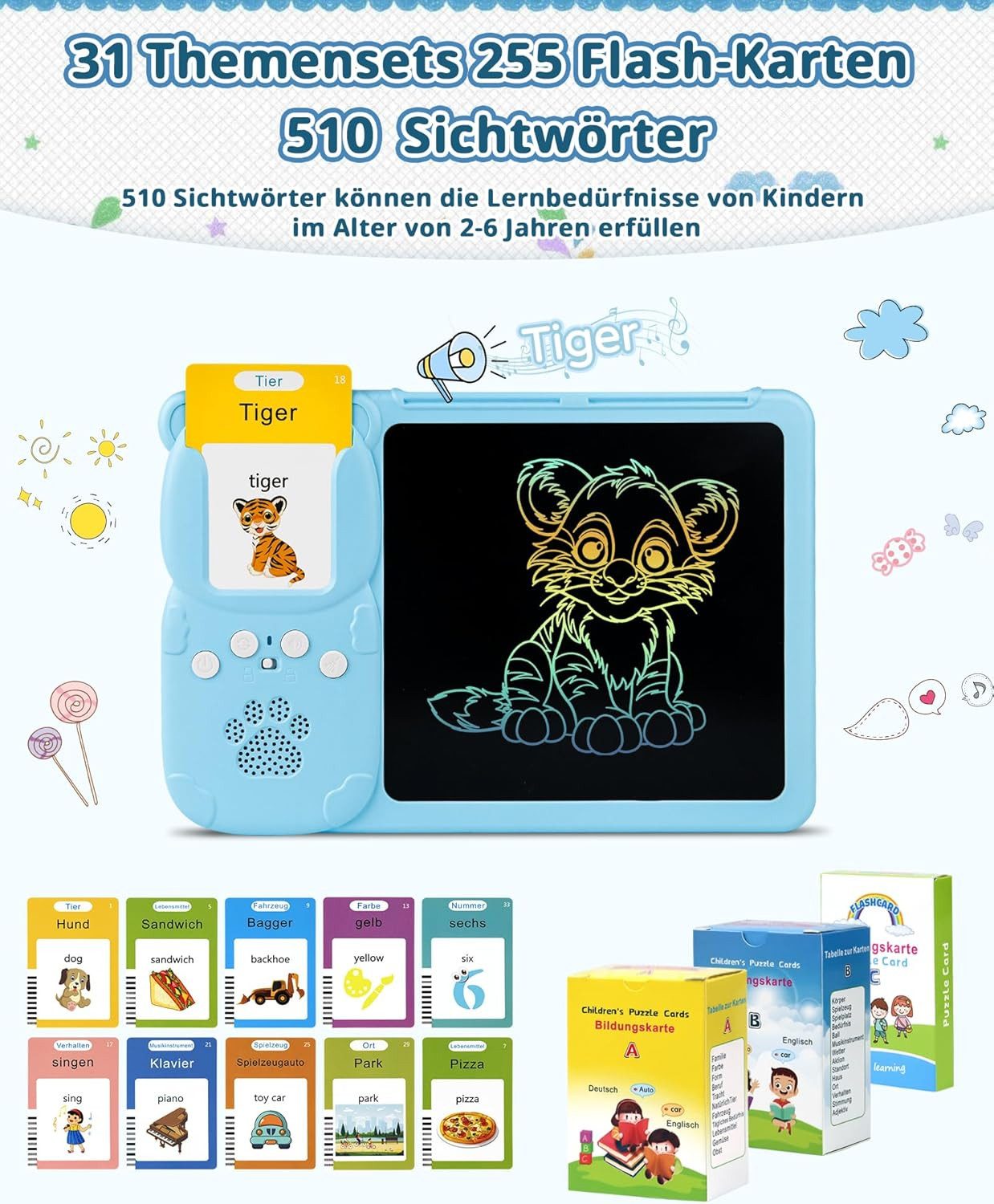 Toomoke Lernspielzeug Lernspielzeug,Sprechende Flash-Karten,Deutsch Lernspielzeug,510Wörter (Deutsch und Englisch Lernen für Kinder, 2 in 1 Lernspielzeug Lesen und Schreiben,Montessori-Spielzeug), 510 Wörter Sprechende Flash-Karten,mit LCD Schreibtablett,Geschenk