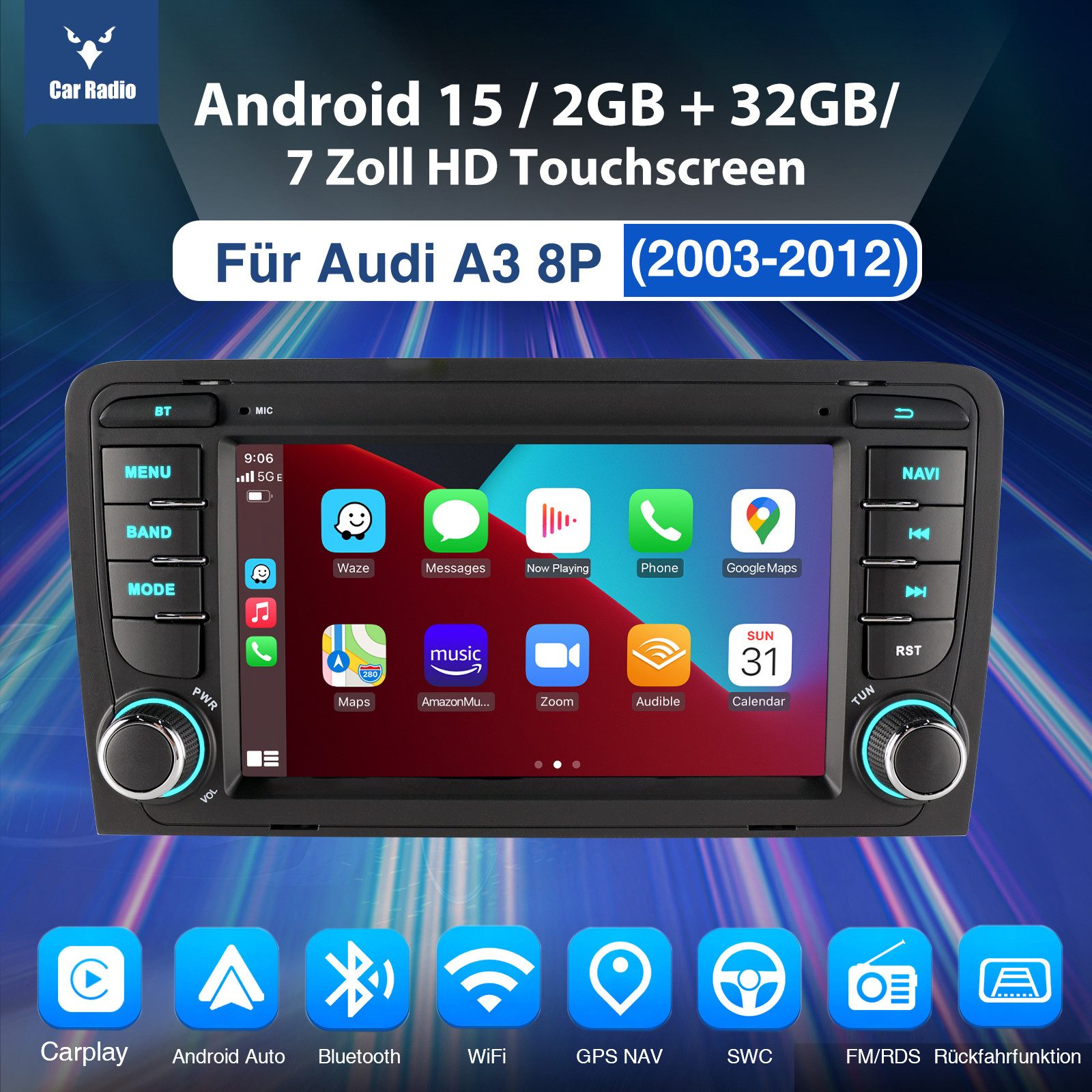 ESSGOO 7" Android 15 Für Audi A3 8P 2003-2012 S3 2006-2012 RS3 GPS Navi Autoradio (RDS, 2+64GB(optional), FM, DAB+ (optional), Wireless Carplay Android Auto Bluetooth EQ USB WIFI Touchscreen SWC)