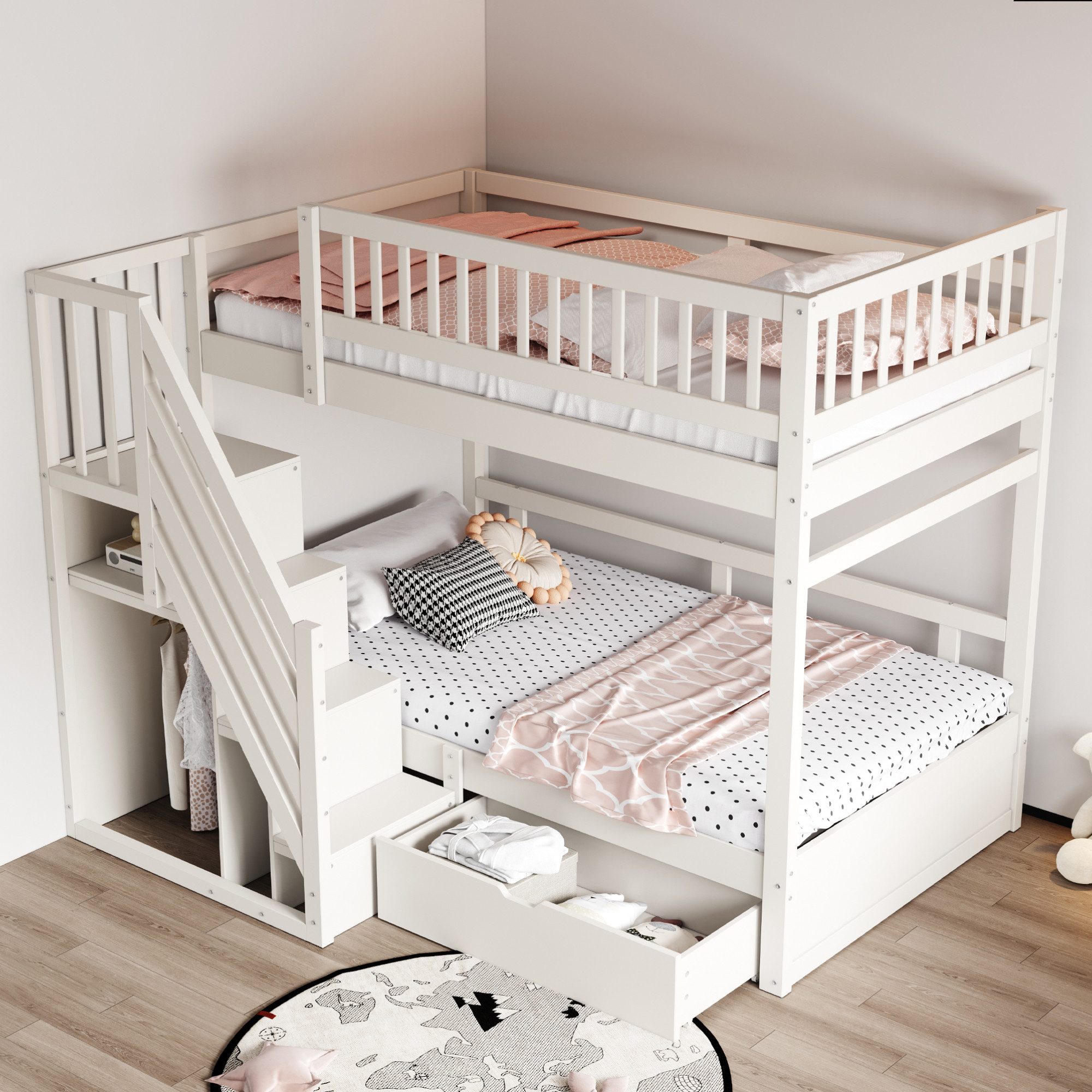 OKWISH Etagenbett Holzbett Kinderbett (mit Stauraum & Sicherheitsleiter - Kinderbett mit Lattenrost, Hochsicherheitsgeländer und Stauschubladen, für Jugendliche und Gäste 90x200 cm), Ohne Matratze