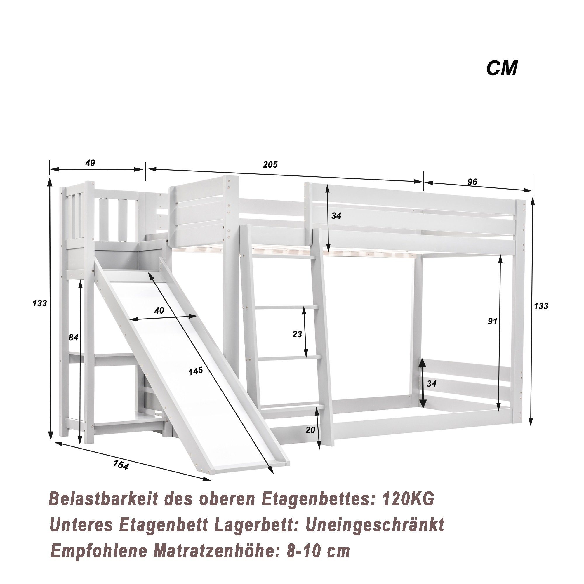 OKWISH Etagenbett Kinderbett 90*200, Bett Kiefernholz Ohne Rausfallschutz (mit mit weiß und Lattenrost, Matratze Regal), Rutsche Leiter und Bettgestell, aus