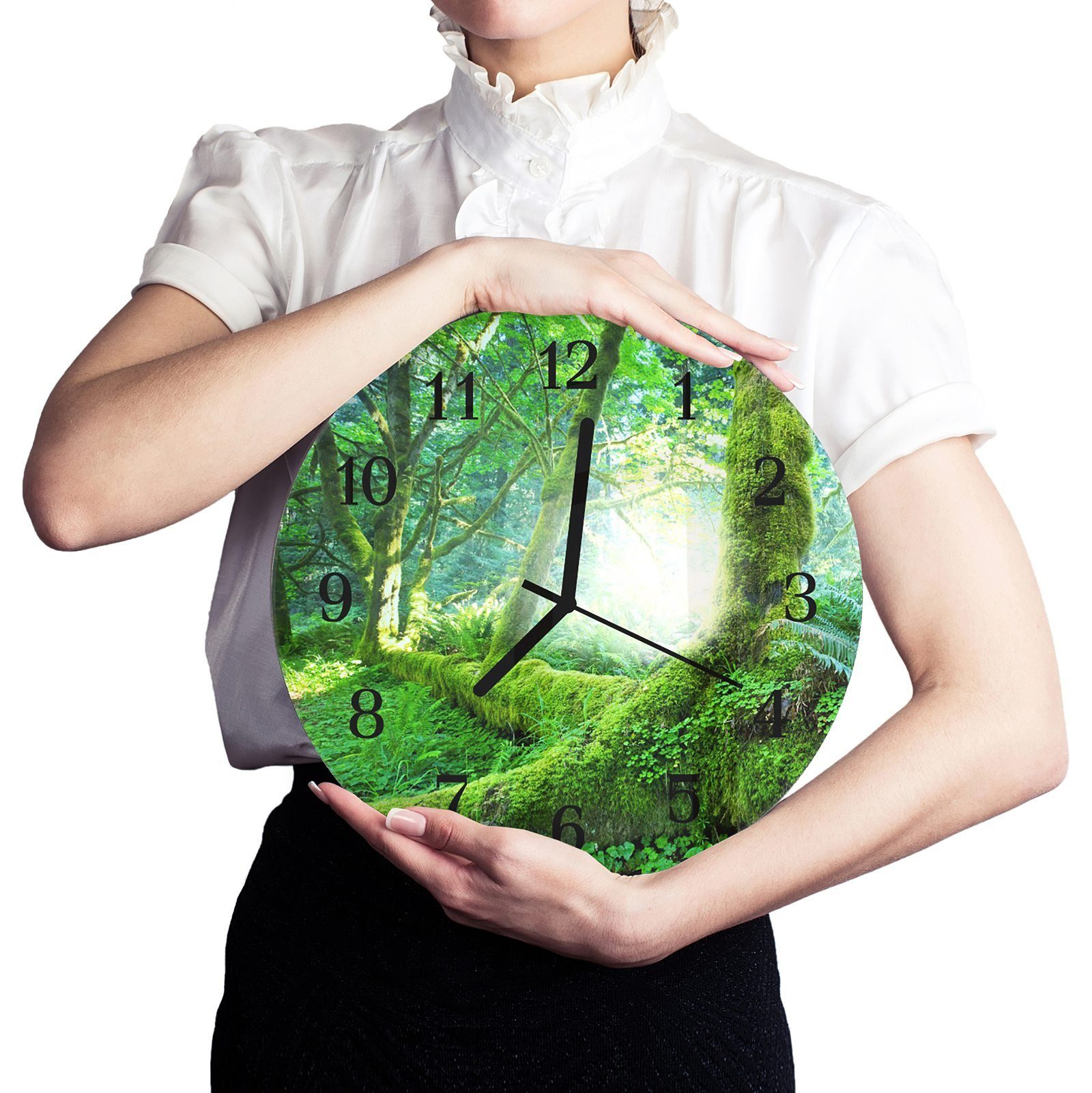 mit Grüner Wanduhr Wanduhr - Durchmesser 30 Primedeco und Quarzuhrwerk Rund Glas Motiv aus cm mit Wald