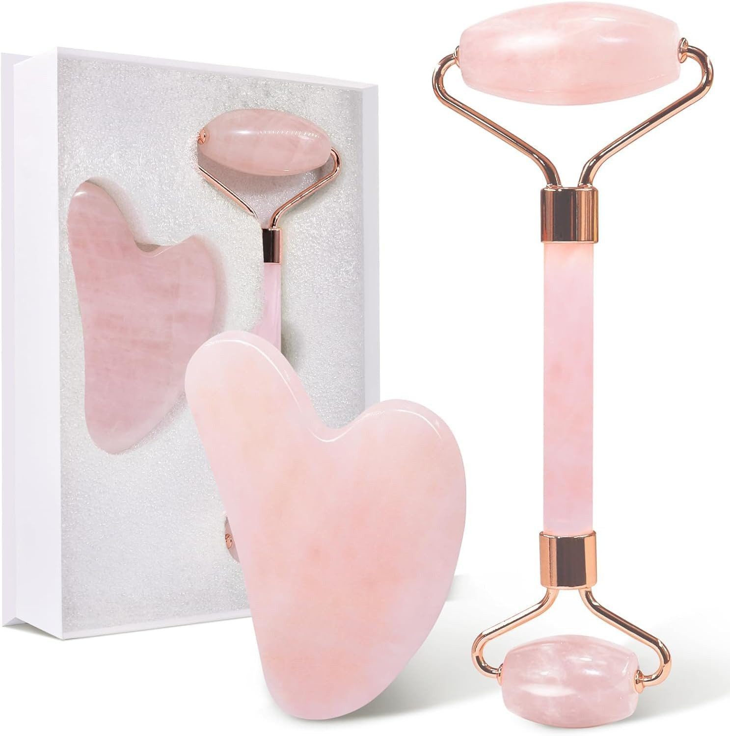 Fyrove Gesichtsmassagegerät Gua Sha Stein mit Gesichtsroller, 2-teiliges Gua Sha Set, Rosenquarz Doppelender Gesichtsroller + Gua Sha, Jade Roller & Gesichtsmassagegeräte für Gesichtsmassage, feine Linien, sanfte Massage und straffe Haut, Zuhause/Reise