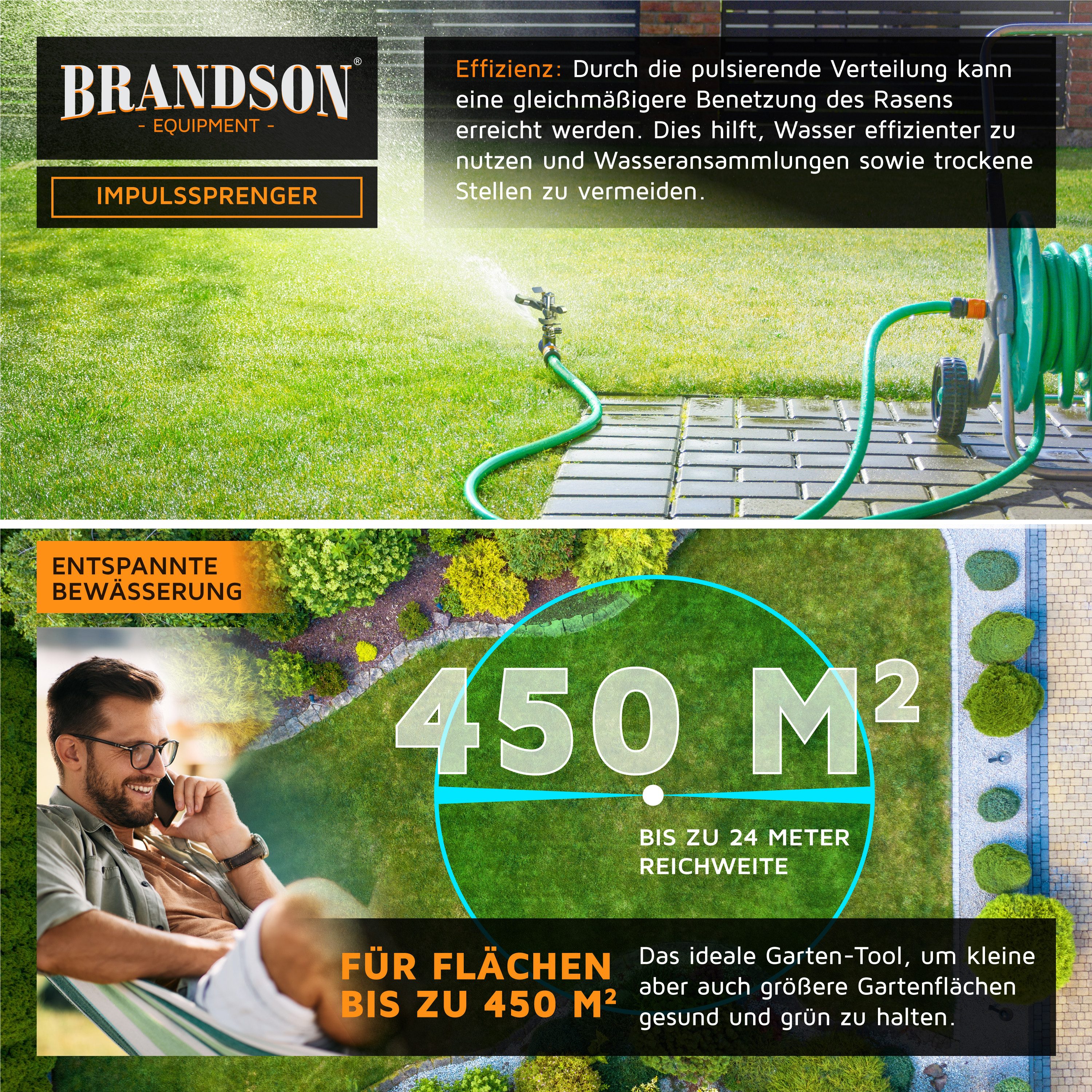 Brandson Kreisregner Intervall-Sprinkler, Rasensprenger mit Pulsation, 360° Impulsregner, für Flächen bis 450 m², (1-St), Rasensprinkler, 12m Reichweite, Gardena kompatibel