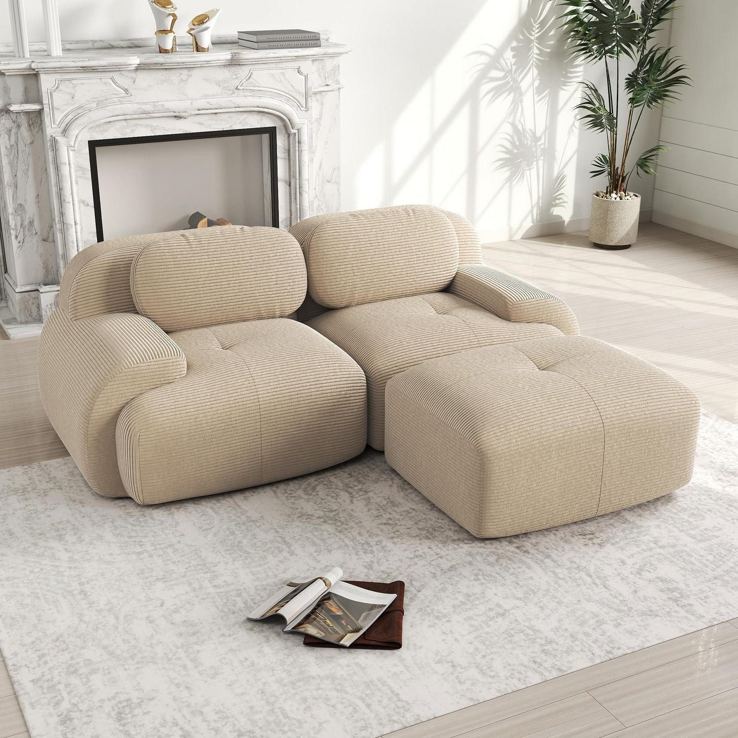 LuxusKollektion 2-Sitzer Sofa 2-3 Sitzer Cordstoff Wohnzimmer Büro Beige B-(2 Sitzer +1 Hocker)
