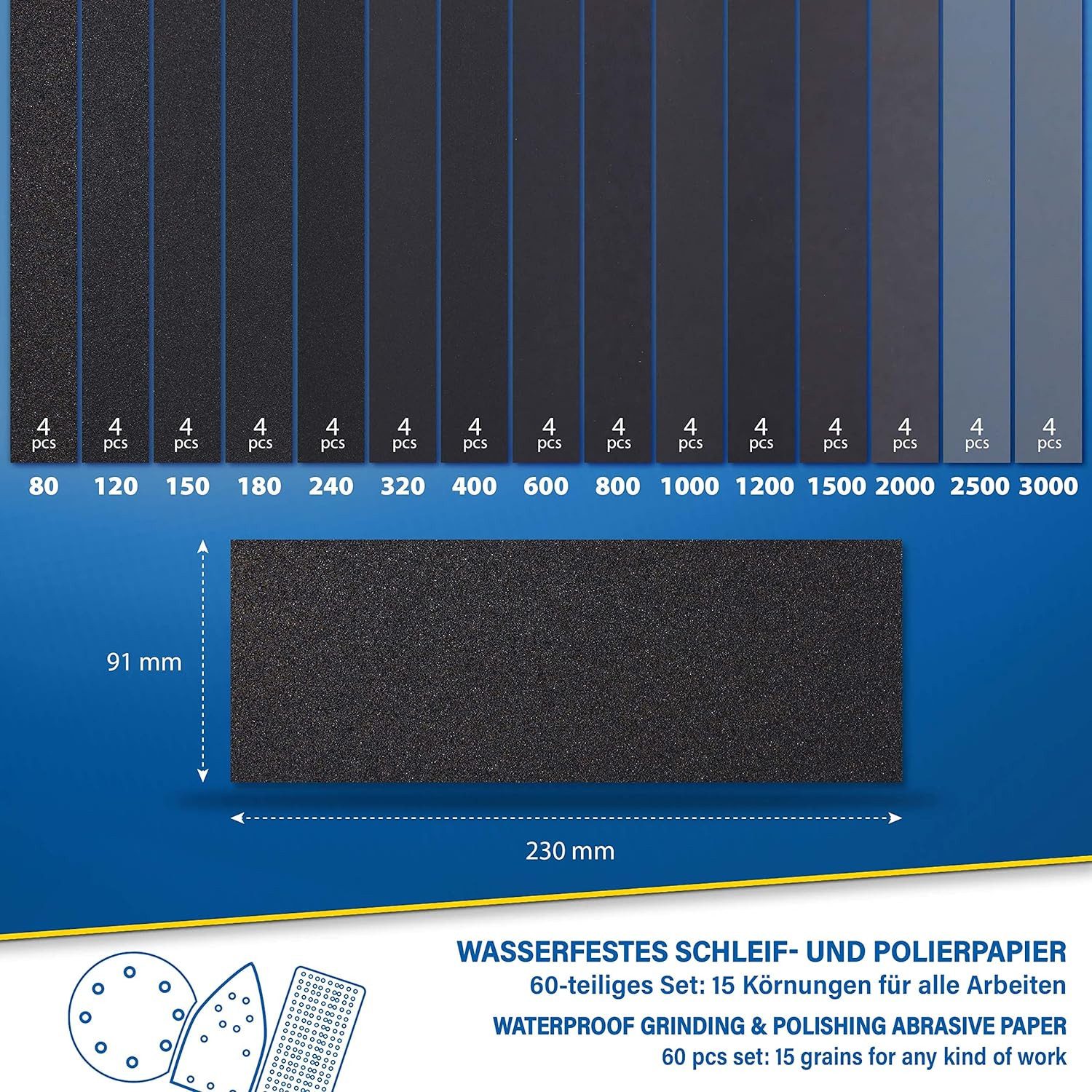 S&R Schleifpapier Wasserfestes Schleifpapier, Schleifblätter Satz, Siliziumkarbid-Korn, (Set, 60 St., 15 Körnungen P80 bis P3000), Schmirgelpapier, für Trockenpolitur und Nasspolitur, Nassschleifpapier