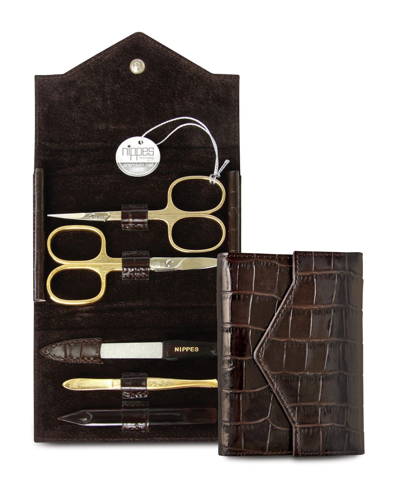 nippes Solingen Maniküre-Kosmetik-Etui Maniküre-Set Croco – 5-tlg. Luxus-Nagelpflege, vergoldet & vernickelt, 5 tlg., echtes Leder