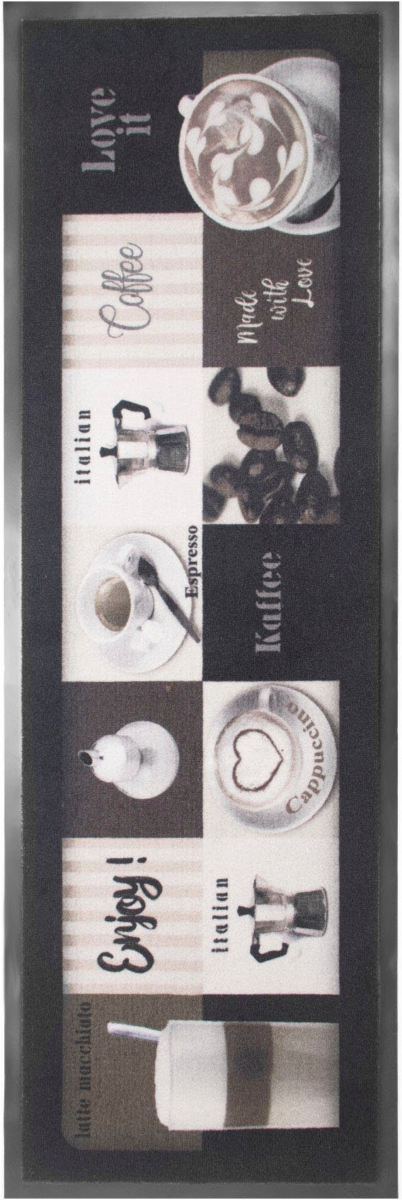 Küchenläufer ENJOY COFFEE, Primaflor-Ideen in Textil, rechteckig, Höhe: 6,5 mm, Motiv Kaffee, mit Schriftzug, 50x150 cm, rutschhemmend, waschbar | Läufer