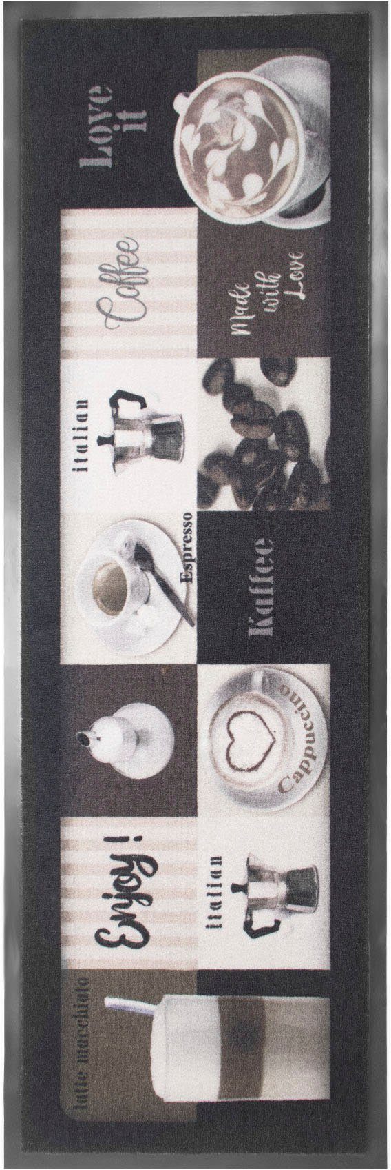 Küchenläufer ENJOY COFFEE, Primaflor-Ideen in Textil, rechteckig, Höhe: 6,5  mm, Motiv Kaffee, mit Schriftzug, 50x150 cm, rutschhemmend, waschbar | Kurzflor-Läufer