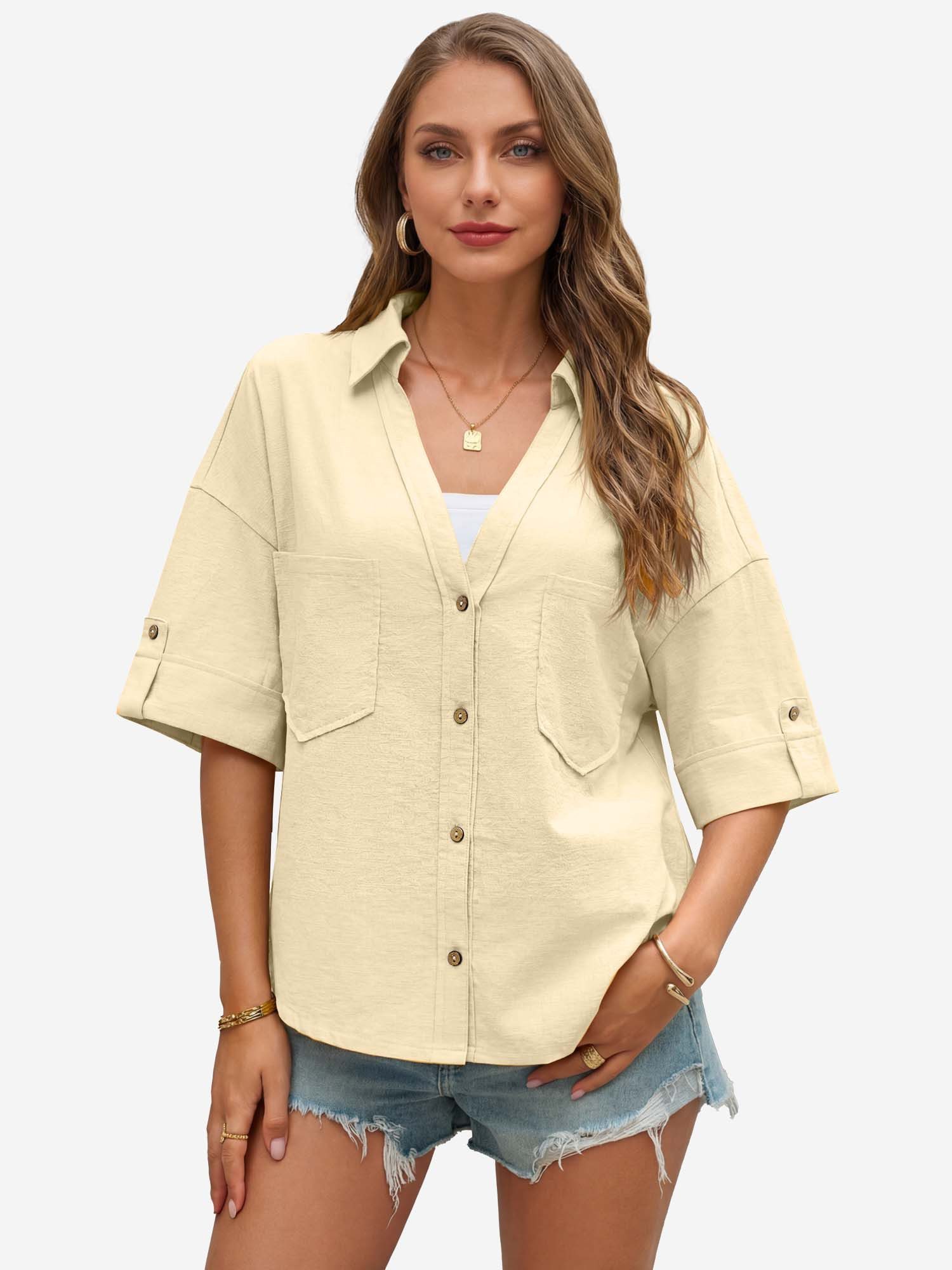 Imily Bela Blusenshirt Damen mit tirfem V-Ausschnitt Knopfleiste Brusttaschen Halbarm (Packung, 1-tlg., 1per-Pack) Schultern überlappend in Unifarbe