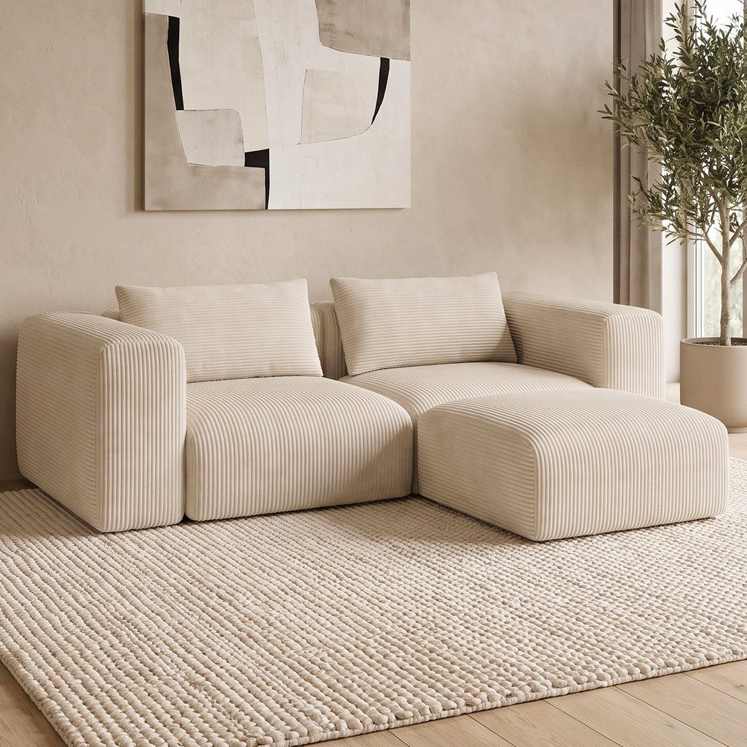 skølm Sofa Hårga aus Cord, Vollschaumcouch mit Federkern und Vakuum-Kompression, Couch 2-Sitzer + Hocker inkl. 2 Kissen, Beige, kein Aufbau erforderlich