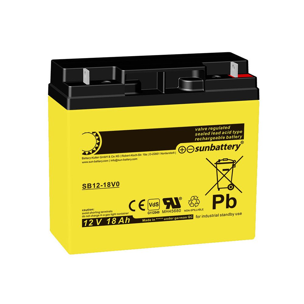sunbattery Sun Battery SB12-18V0 12 Volt 18 Ah LxBxH 182 x 77 x 168 mm, Anschlus Akku (12,0 V)